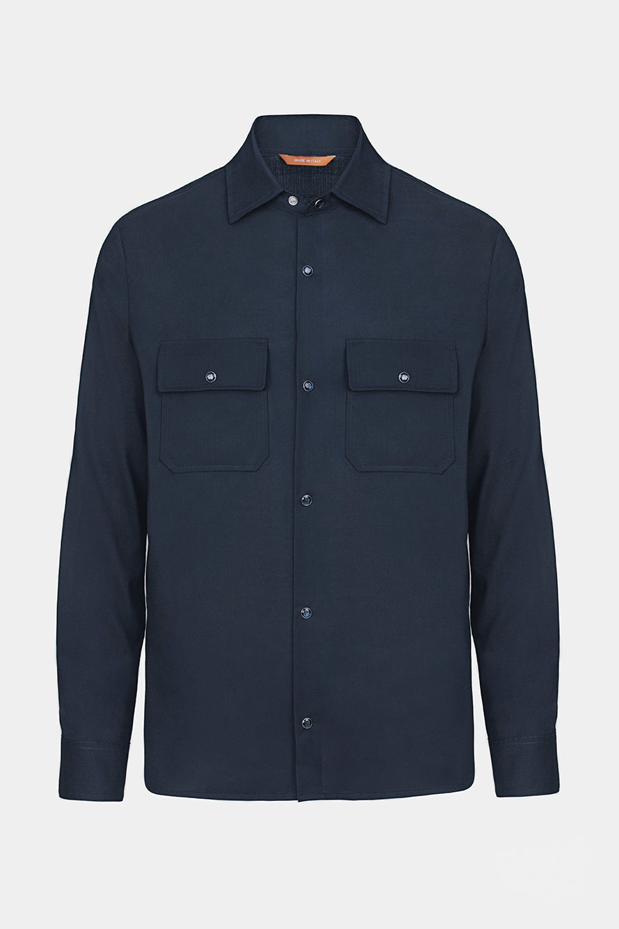 Navy overshirt Florentinodelure din lână și mătase, cu buzunare frontale, culoare bleumarin.
