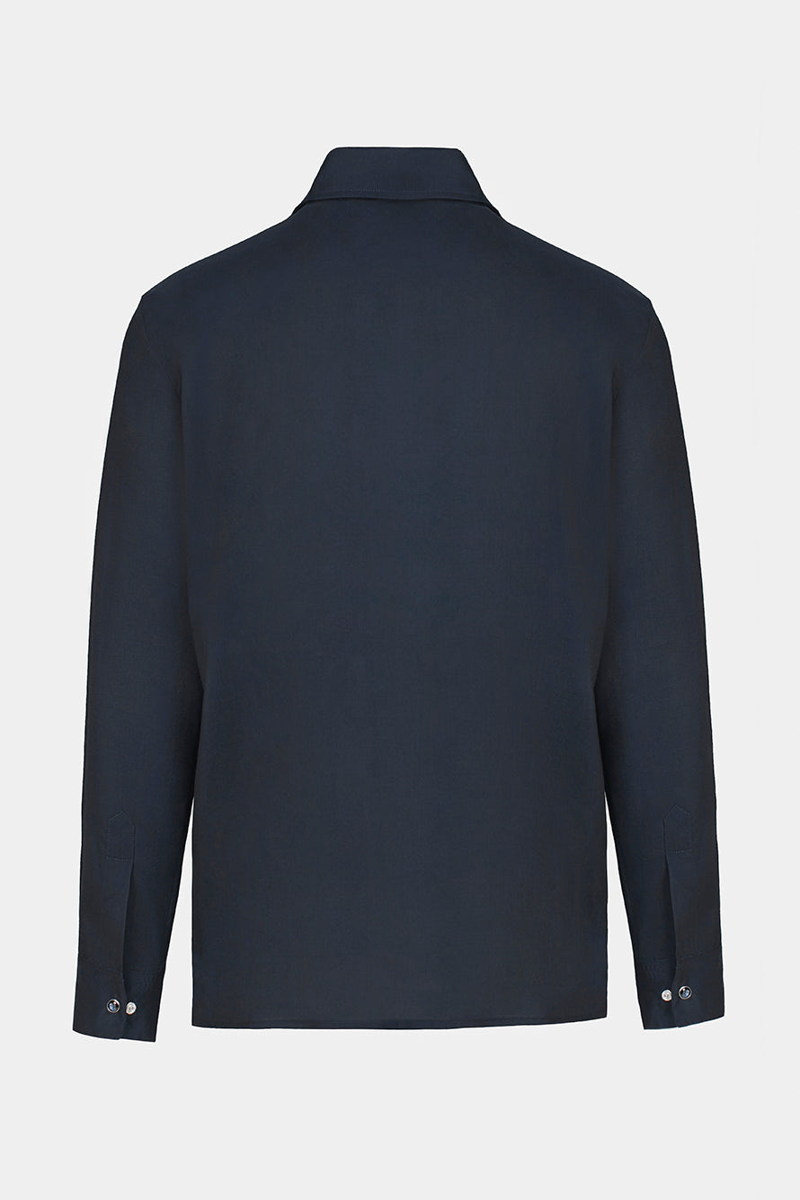 Cămașă Navy Overshirt Florentinodelure, vedere spate, nasturi mâneci, material textil bleumarin.