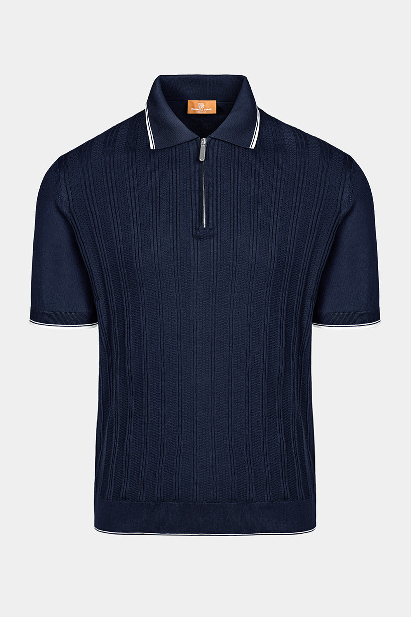 Tricou polo Florentinodelure bleumarin din bumbac egiptean cu fermoar modern.
