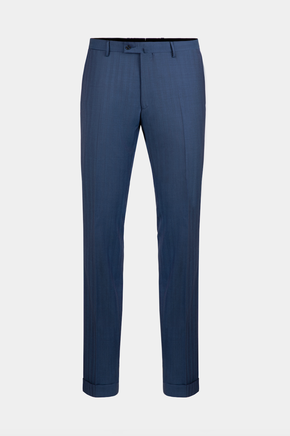 Pantaloni navy Florentinodelure din lână, detaliu textură și tiv ajustabil.