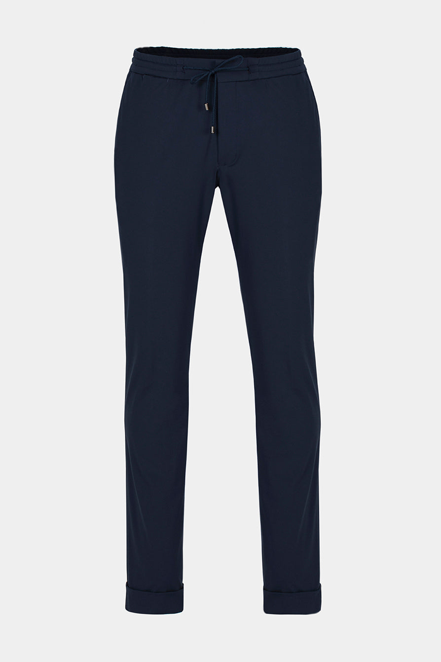 Pantaloni navy spandex Florentinodelure cu talie elastică și șnur, detalii flexibile.
