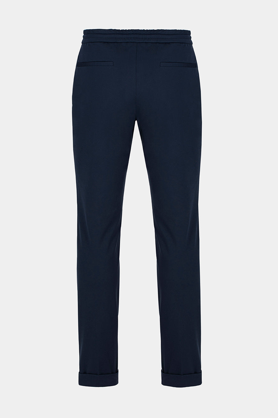Pantaloni navy Flexo Spandex Florentinodelure, material texturat, buzunare spate, manșete îndoite.