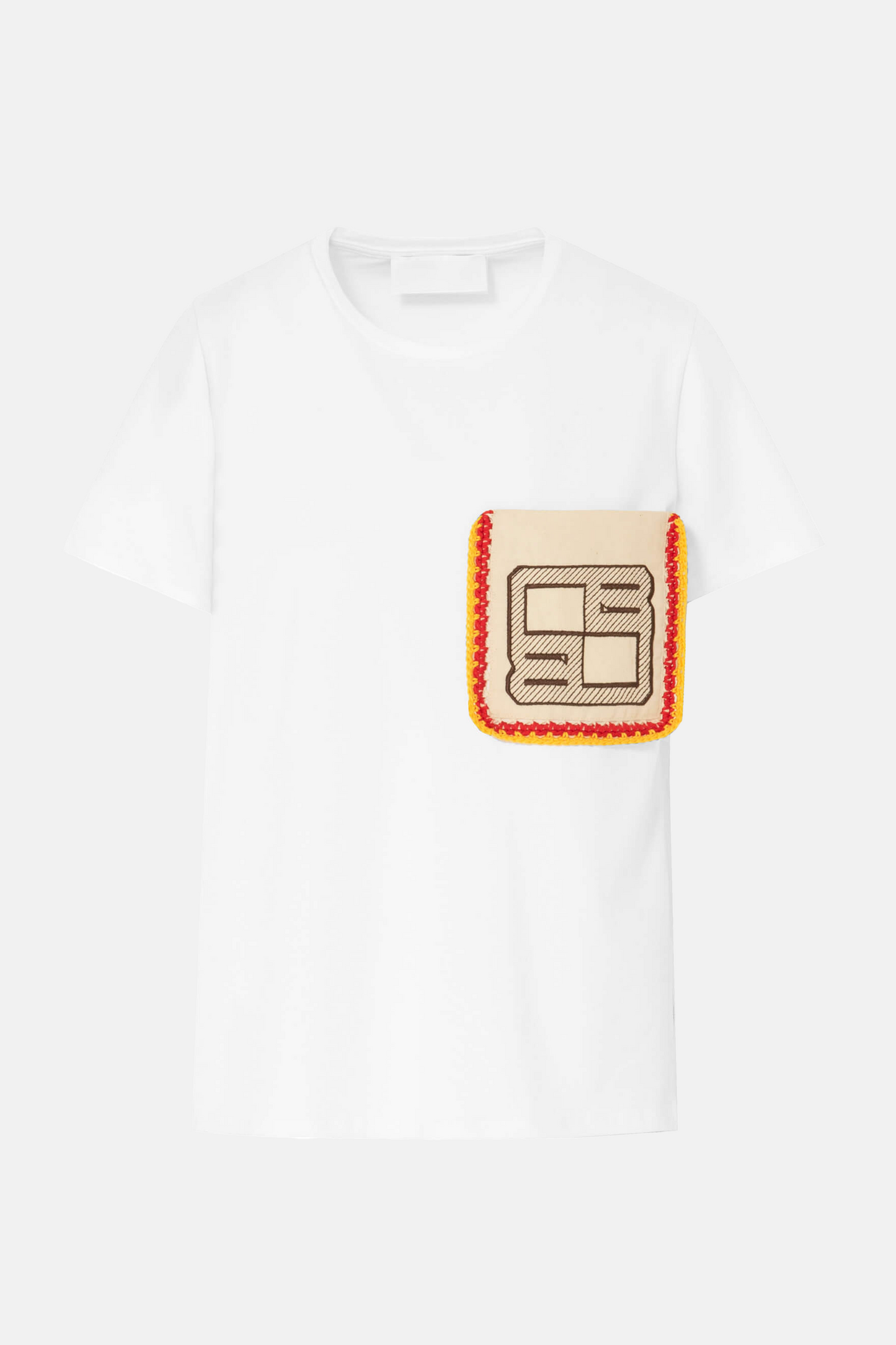 Tricou alb Florentinodelure cu buzunar aplicat romburi maro și bordură roșu-galben.