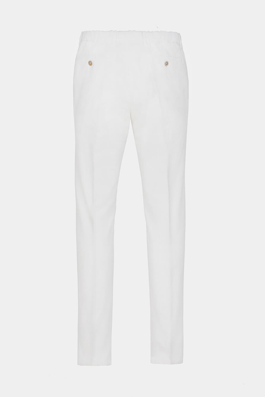Pantaloni albi Florentinodelure, vedere din spate, cu buzunare și bandă elastică.