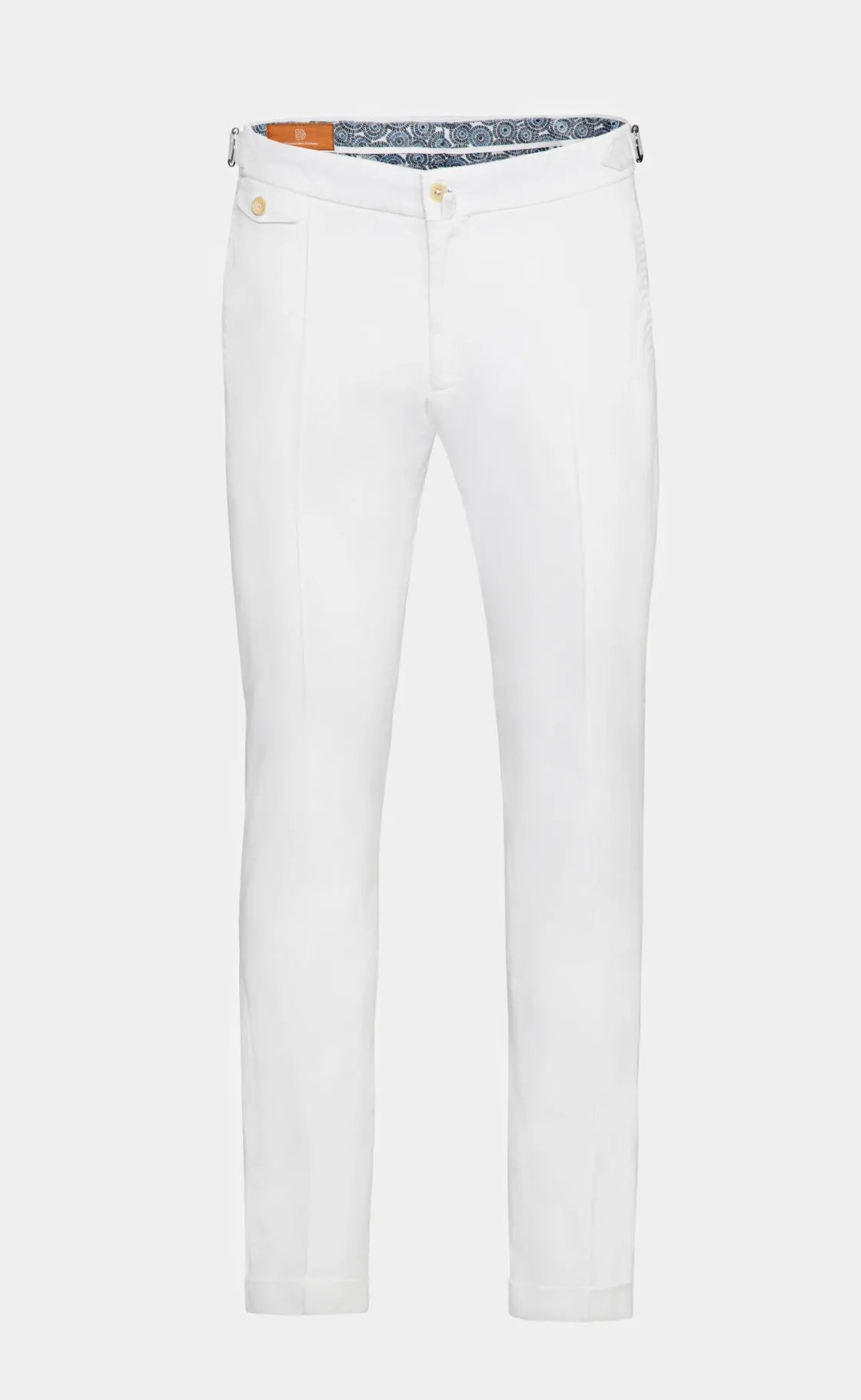 Pantaloni Chinos albi Florentinodelure cu detalii sartoriale.
