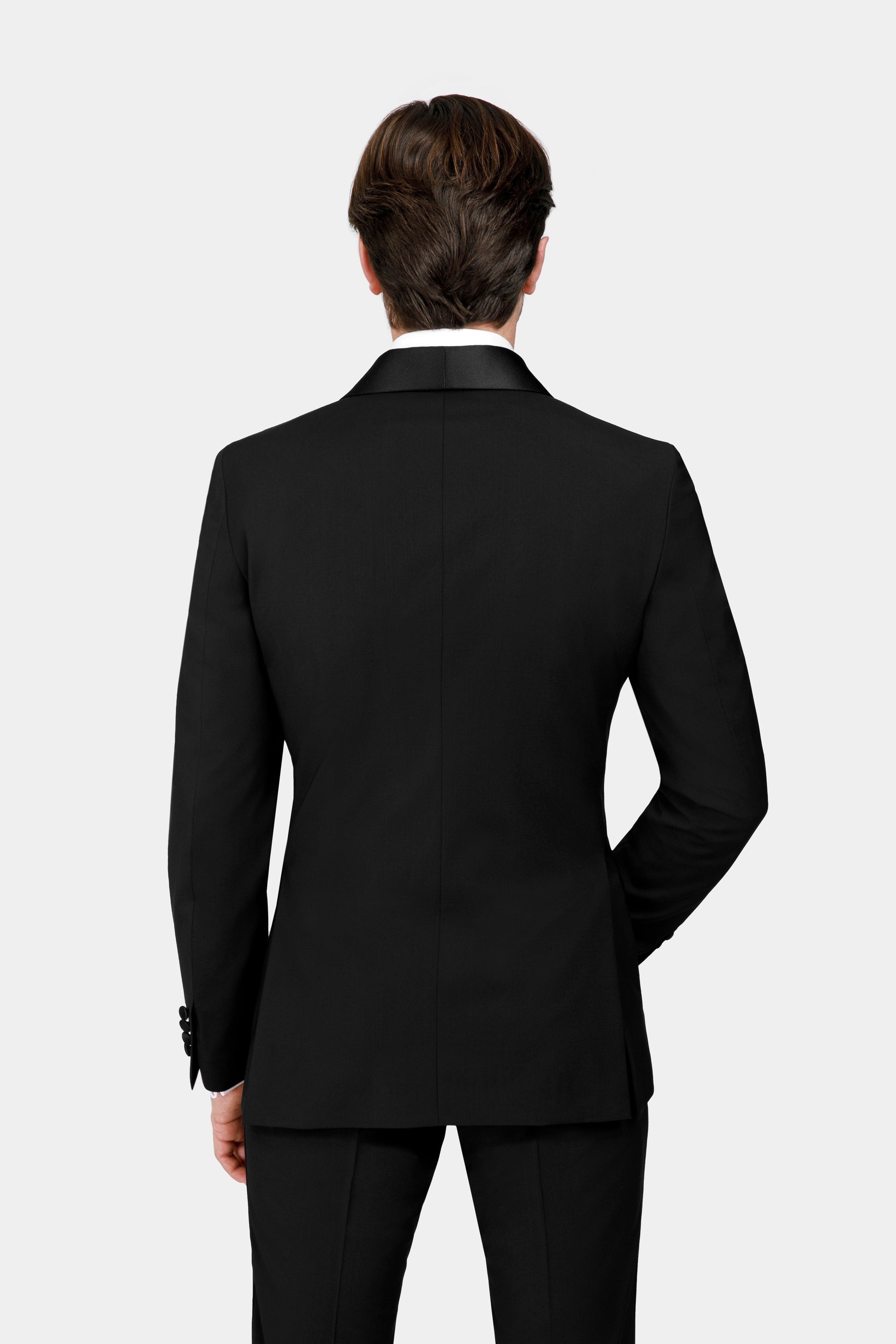 Tuxedo negru Florentinodelure cu rever satinat și spate elegant.