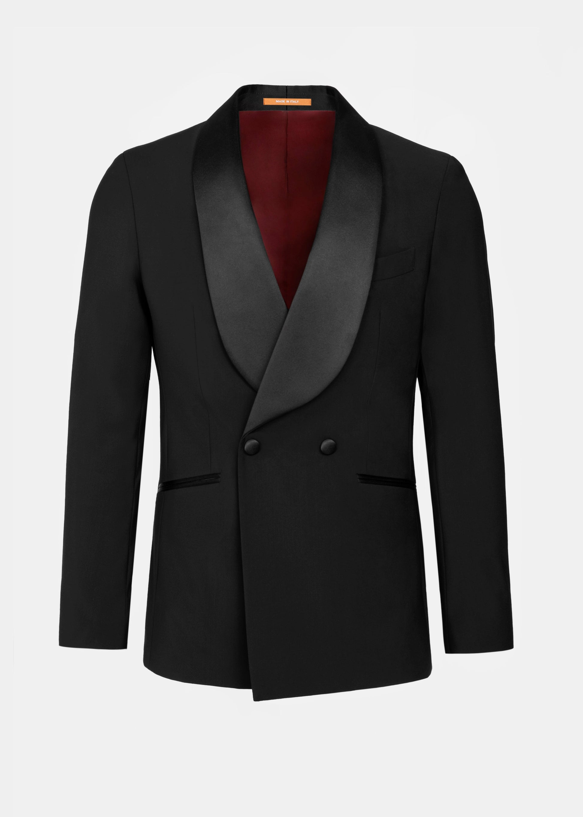 Sacou Black Diablo Tuxedo Florentinodelure, rever satinat, căptușeală roșie.