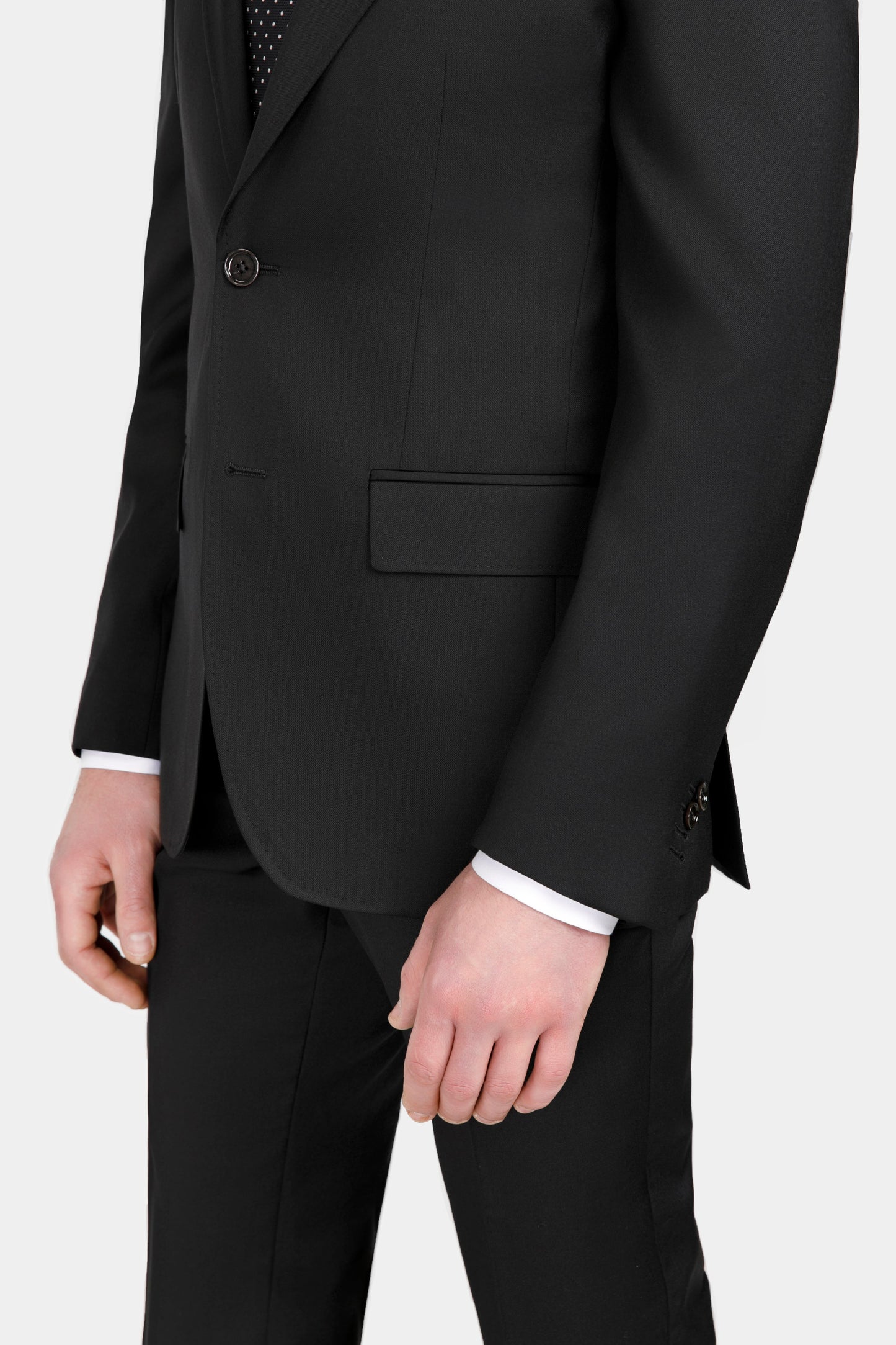 Costum Florentinodelure din lână și mătase, detaliu nasturi și buzunar.
