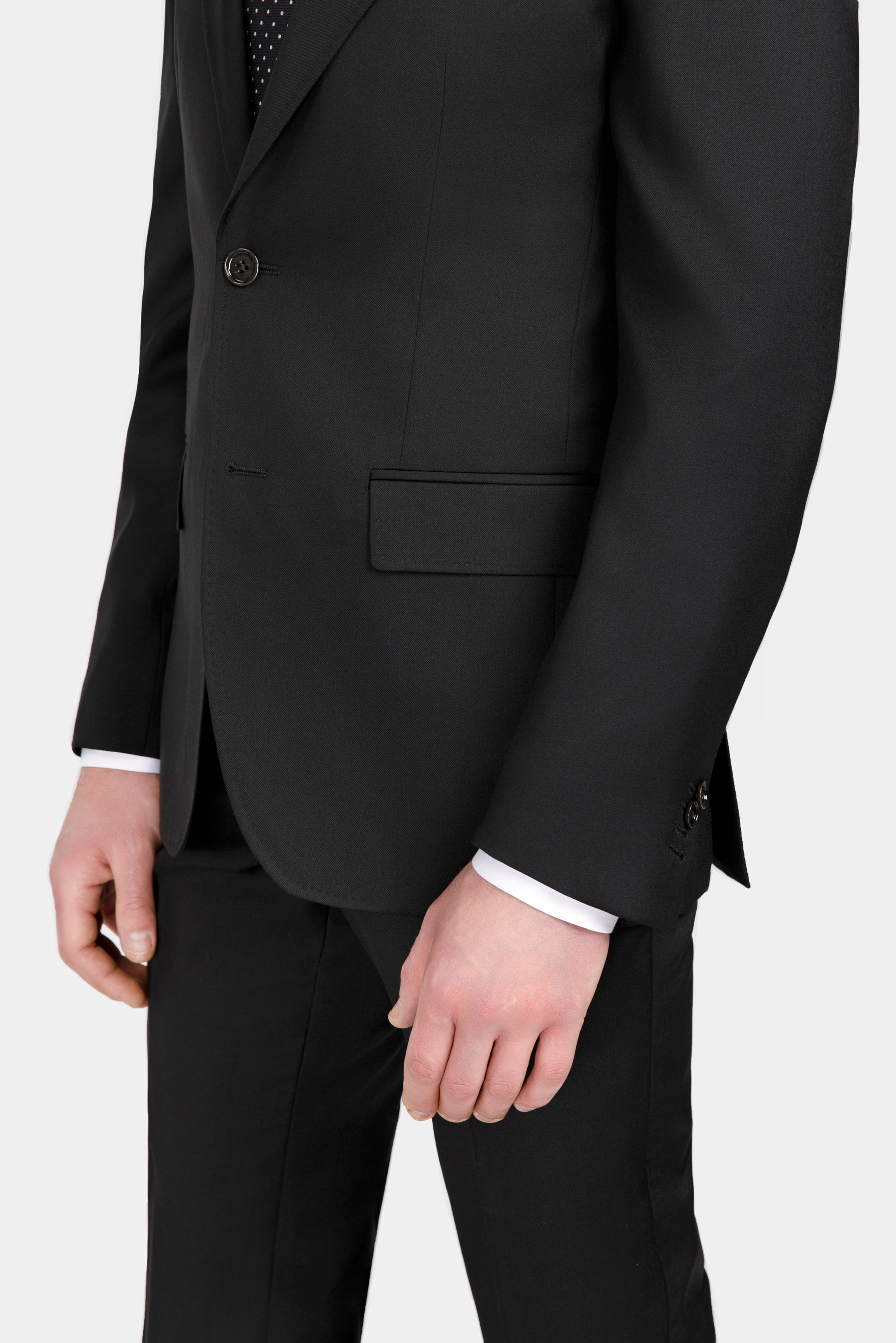 Costum Florentinodelure din lână și mătase, detaliu nasturi și buzunar.