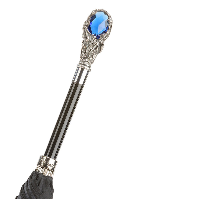 Umbrelă neagră Florentinodelure cu mâner bijuterie albastră și cristale Swarovski, elegantă, automată.