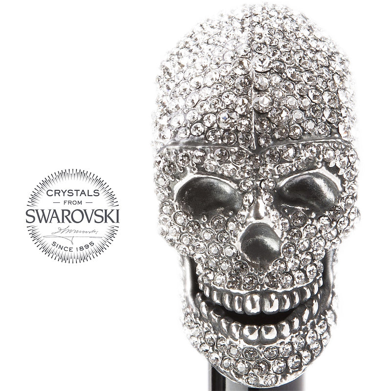 Umbrelă Florentinodelure cu mâner craniu decorat cu cristale Swarovski strălucitoare.