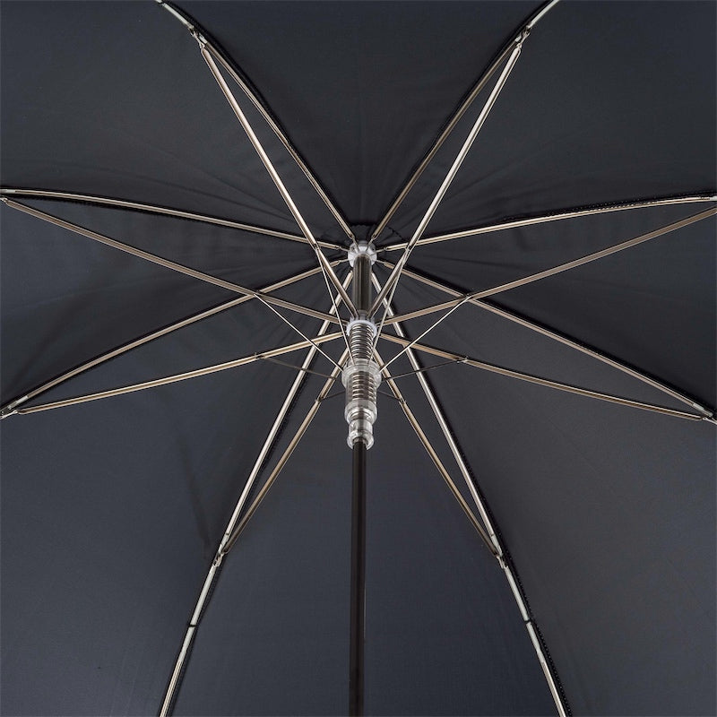 Interior umbrelă neagră Florentinodelure, structură metalică cromată robustă, detalii elegante.