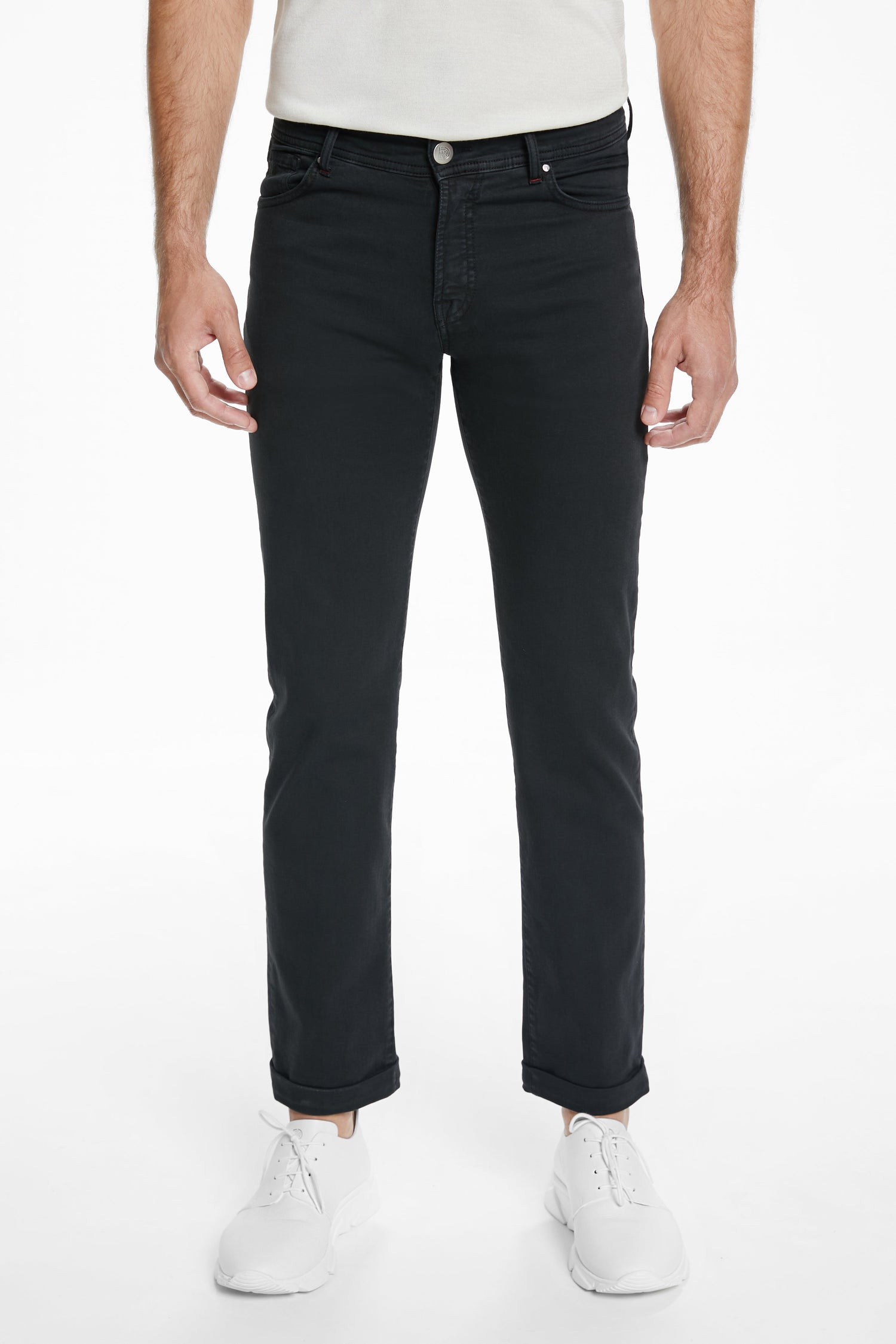 Blugi negri Florentinodelure slim cu 5 buzunare din denim elastic și mărime medie.