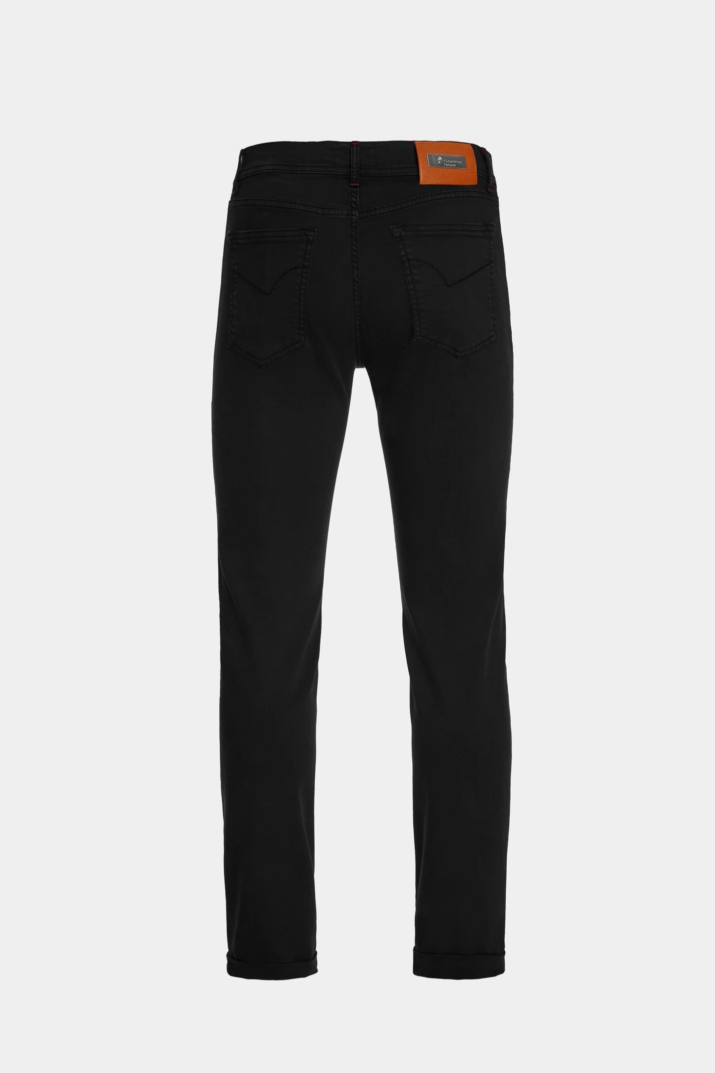 Pantaloni negri denim Florentinodelure, detalii buzunare spate, etichetă maro.