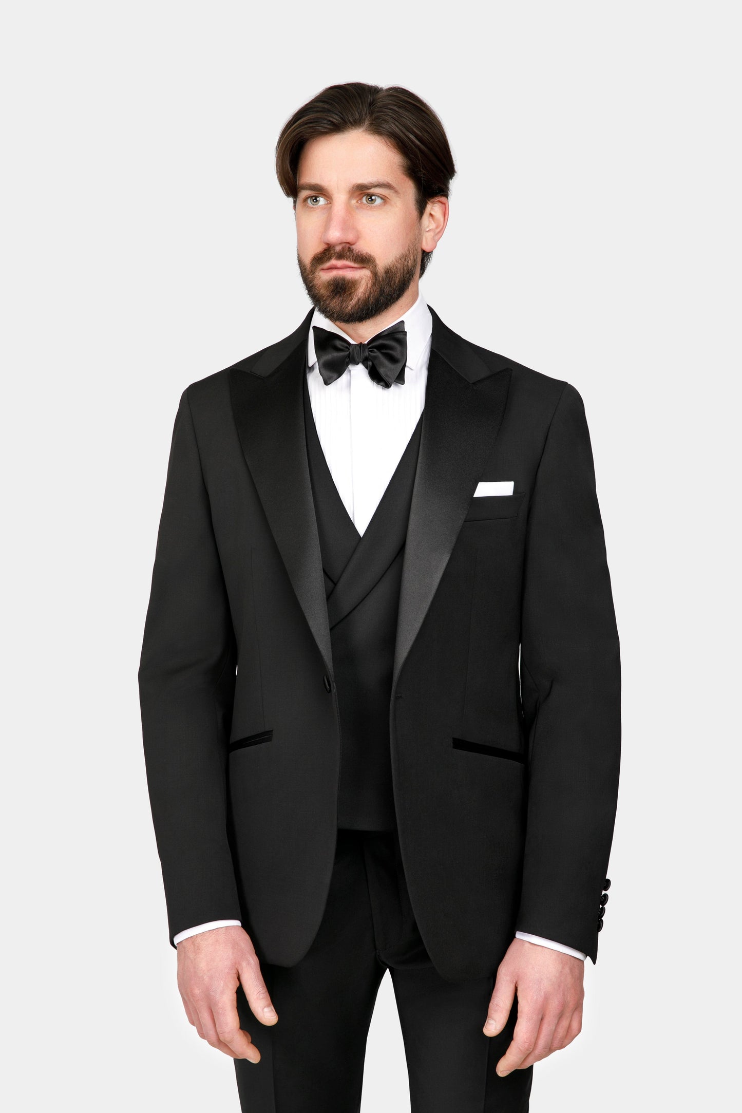 Costum negru DAFIN Tuxedo Florentinodelure din lână cu rever satinat.