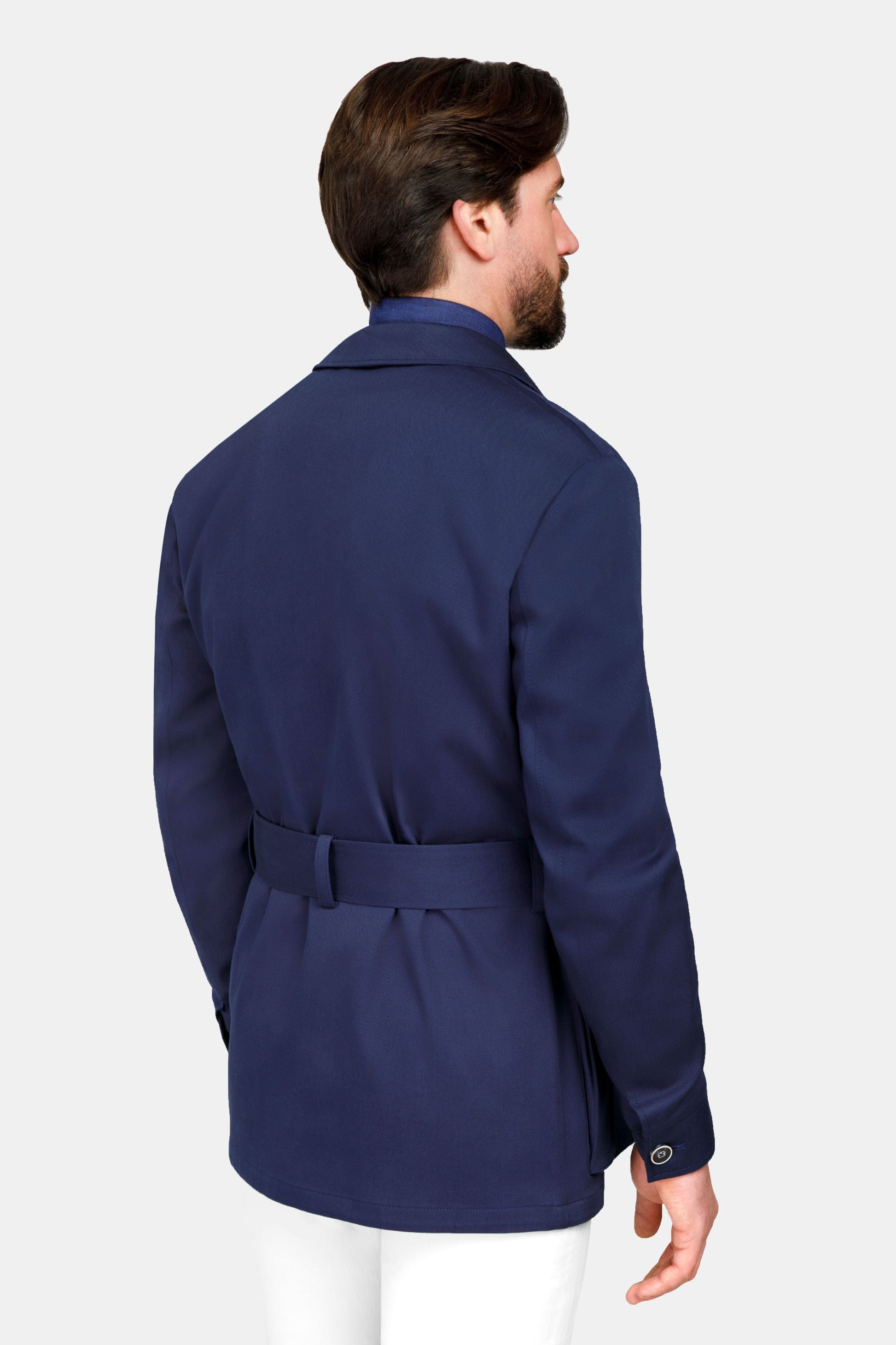 Jachetă Safari Navy Florentinodelure, spate, textură fină, curea ajustabilă.