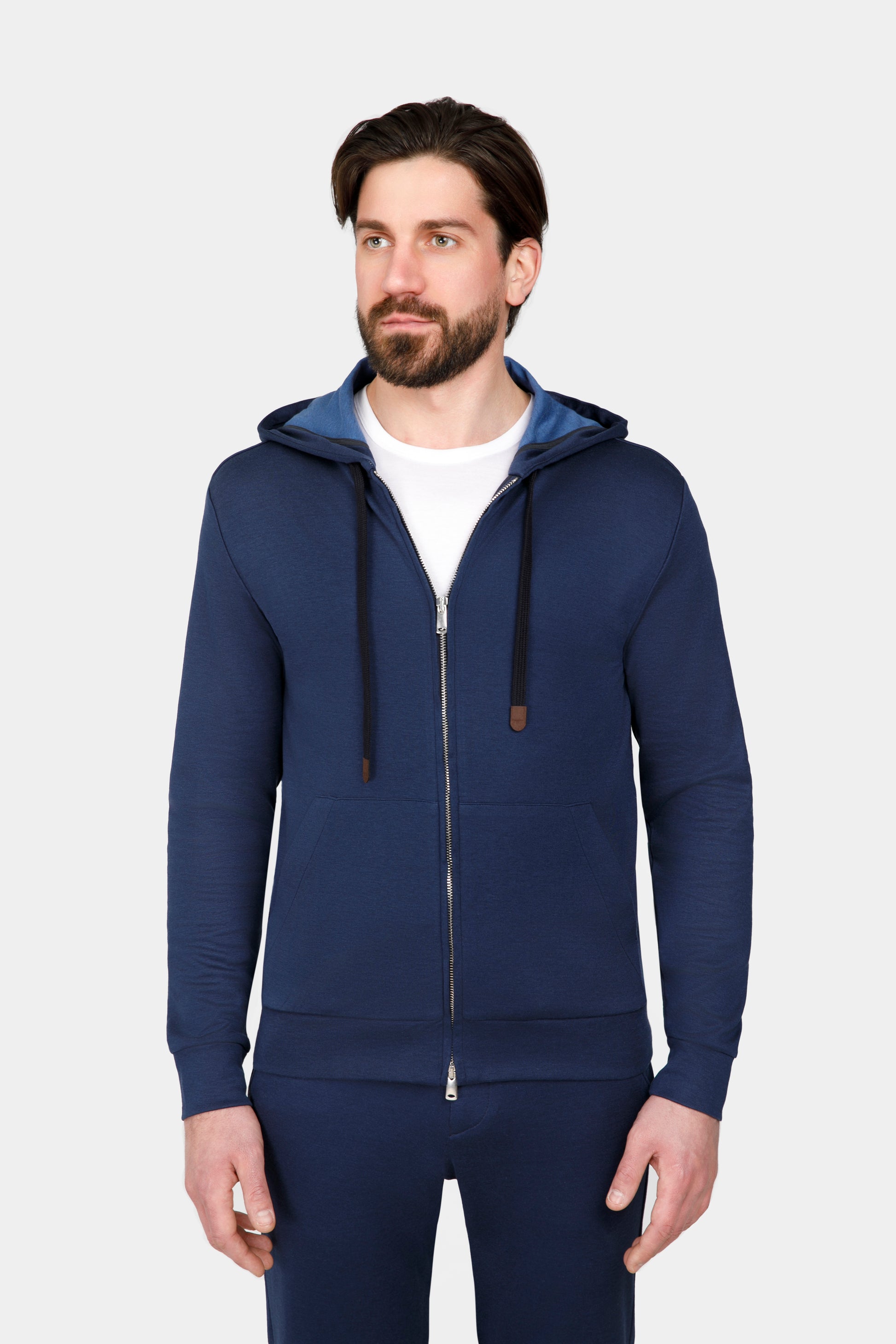 Costum loungewear albastru Florentinodelure, material lână-mătase, pentru bărbați.
