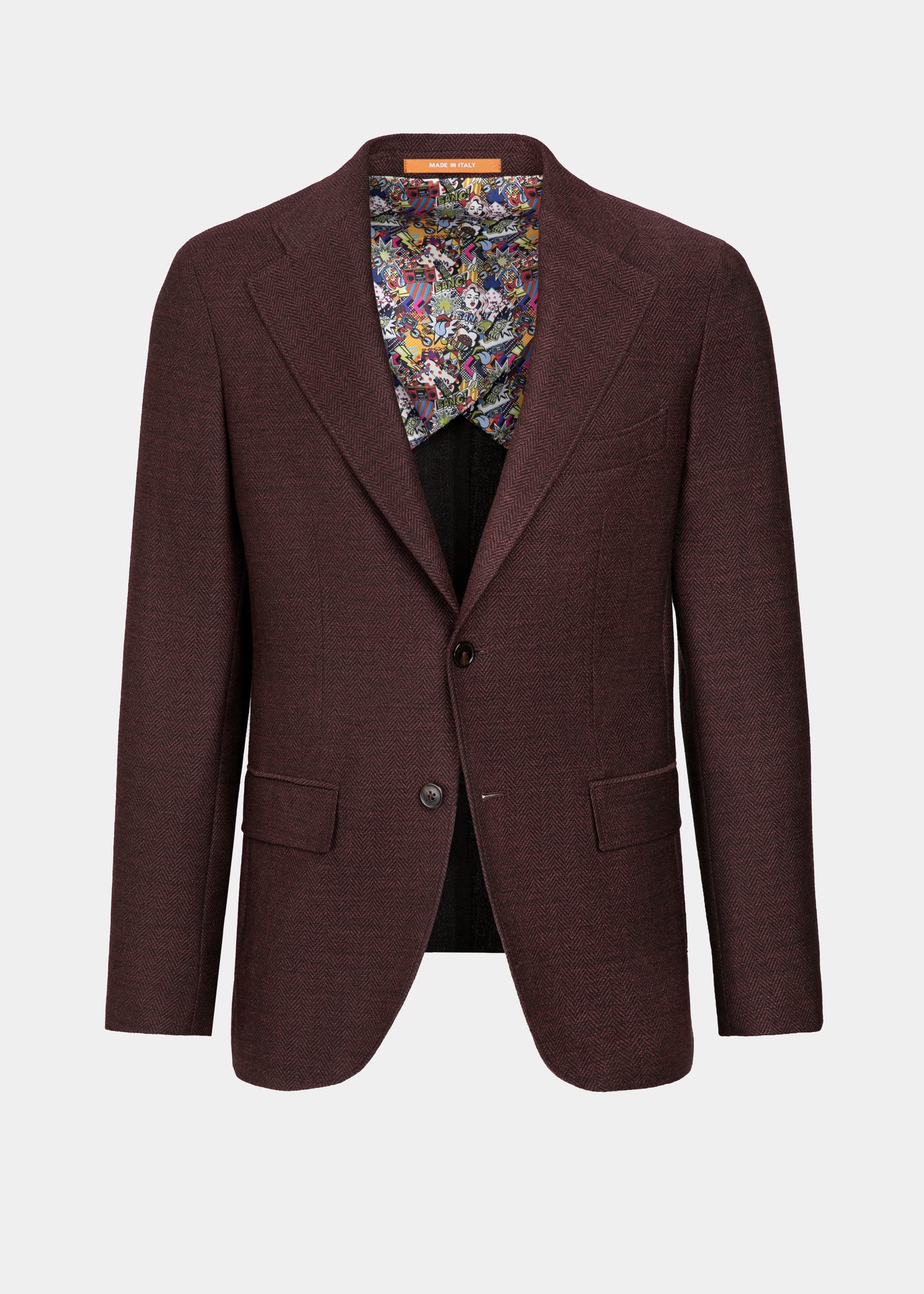 Sacou bordeaux Herringbone din lână Florentinodelure cu căptușeală colorată vibrantă.