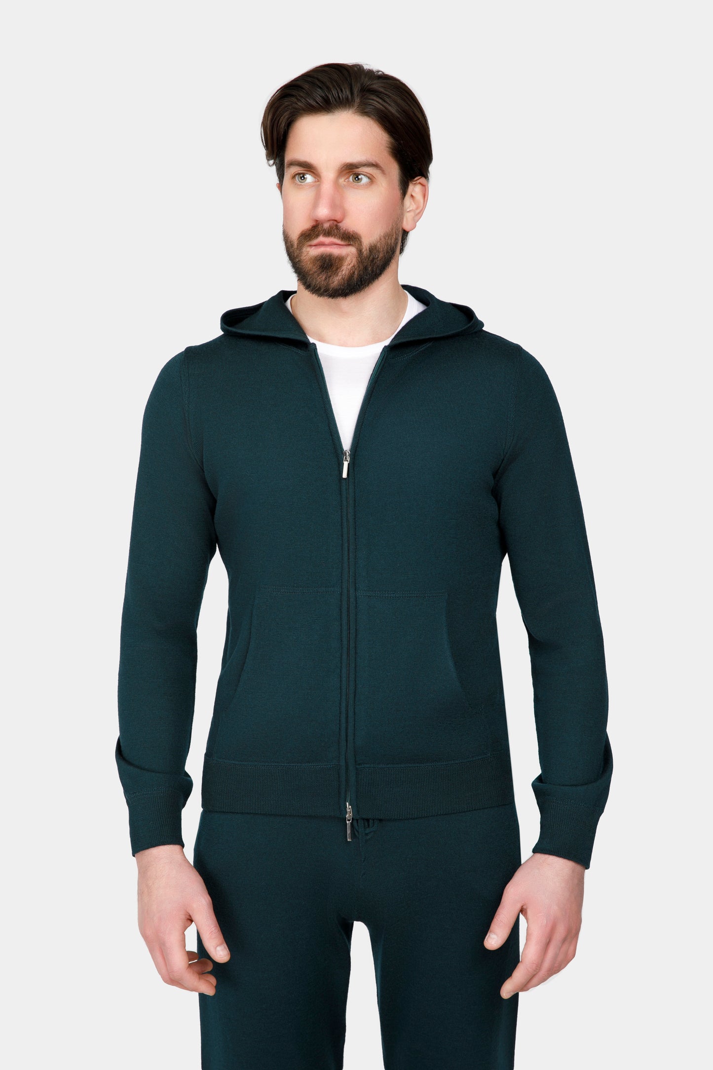 Costum loungewear merino verde Florentinodelure, material lână, stil relaxat.