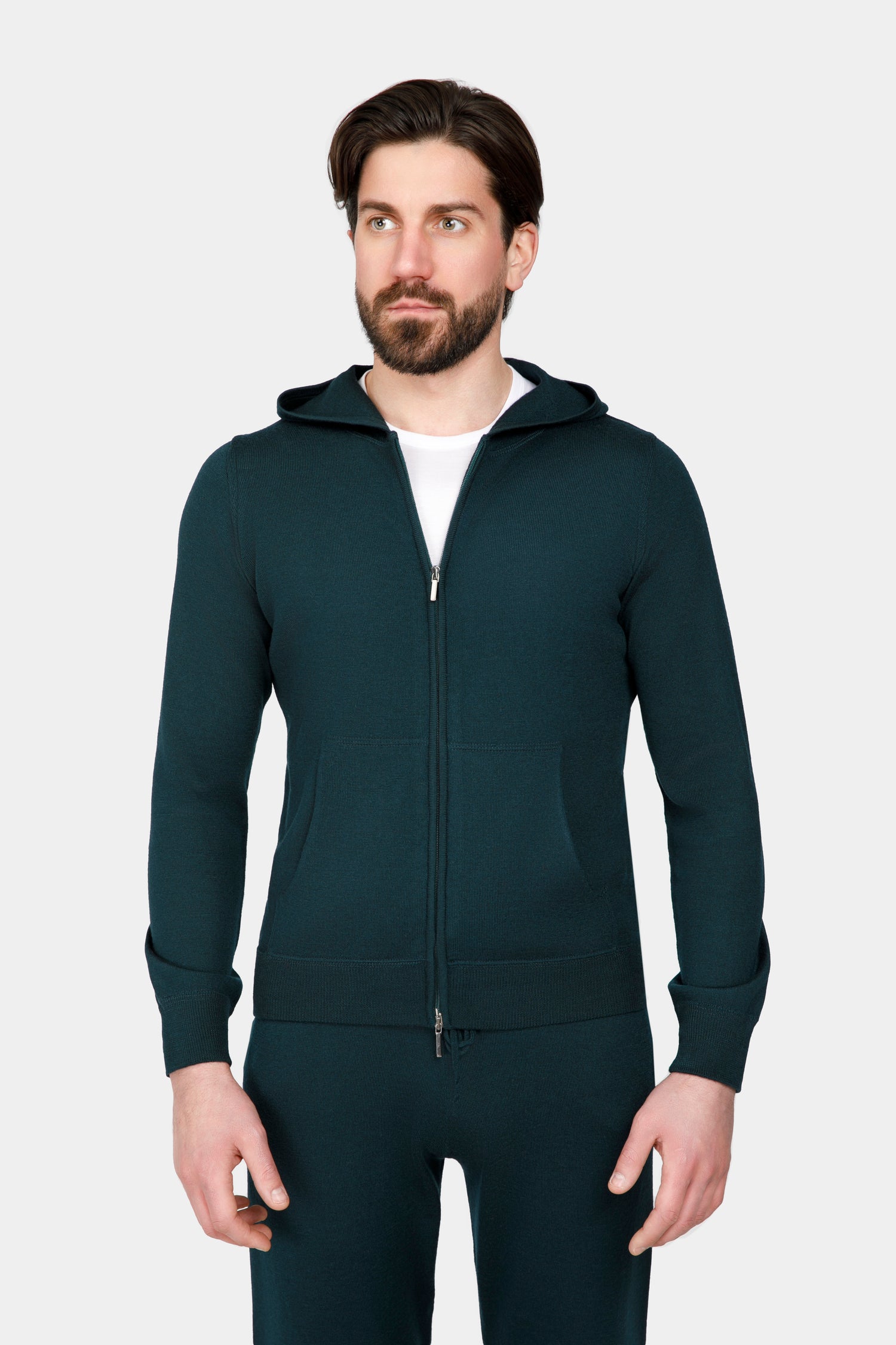 Costum loungewear merino verde Florentinodelure, material lână, stil relaxat.