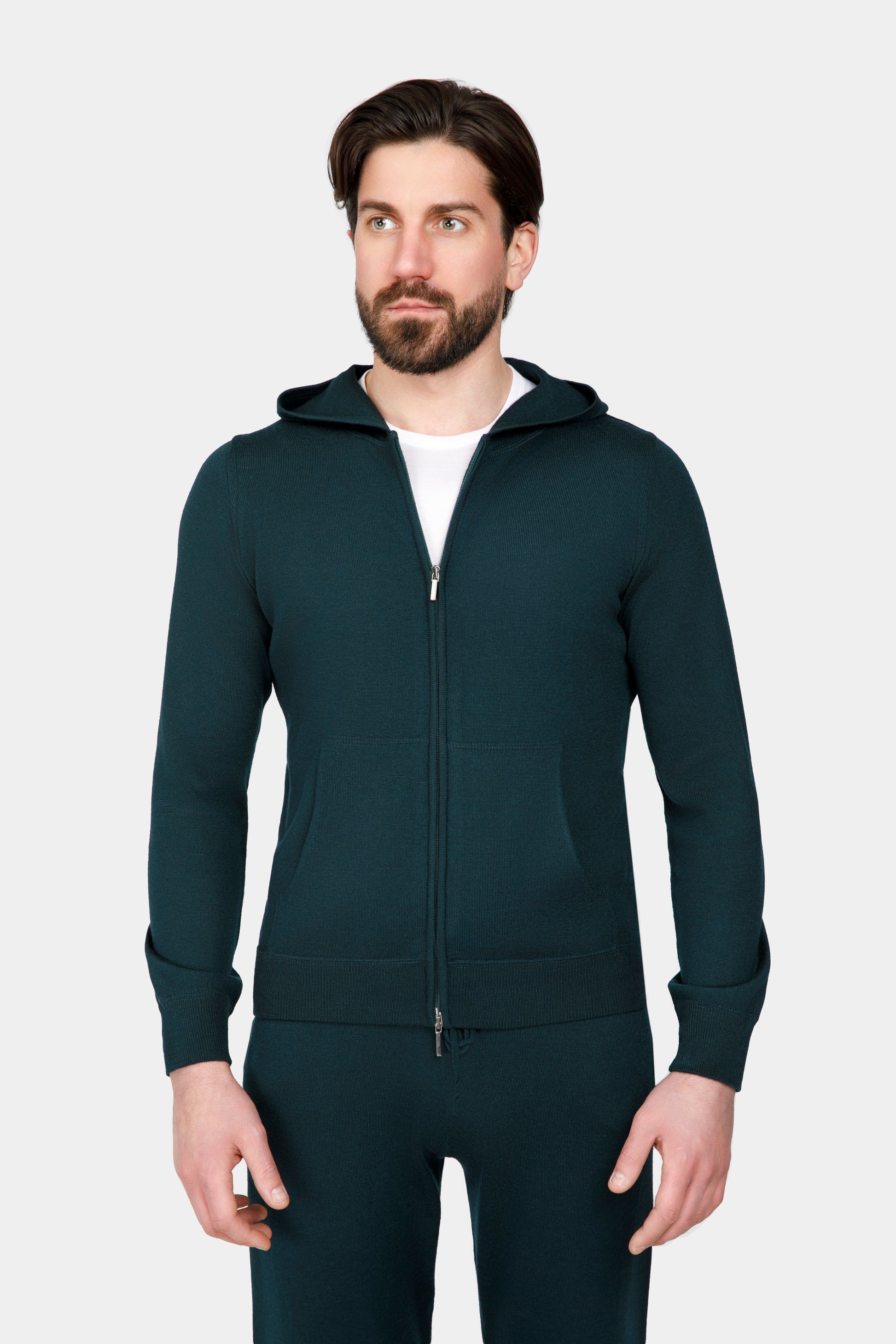 Costum loungewear merino verde Florentinodelure, material lână, stil relaxat.
