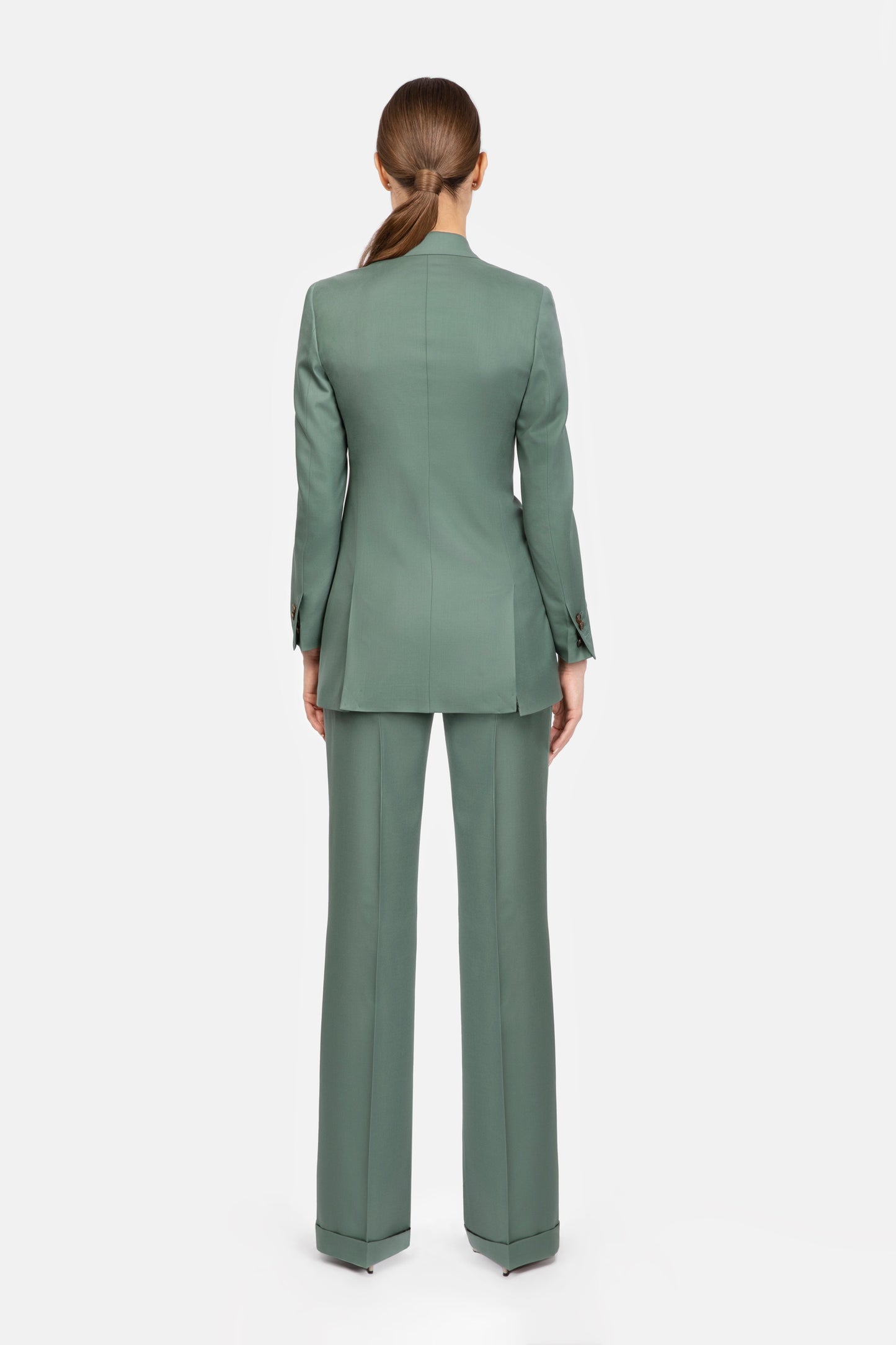 Costum Luna verde Florentinodelure vedere spate, detaliu material texturat.