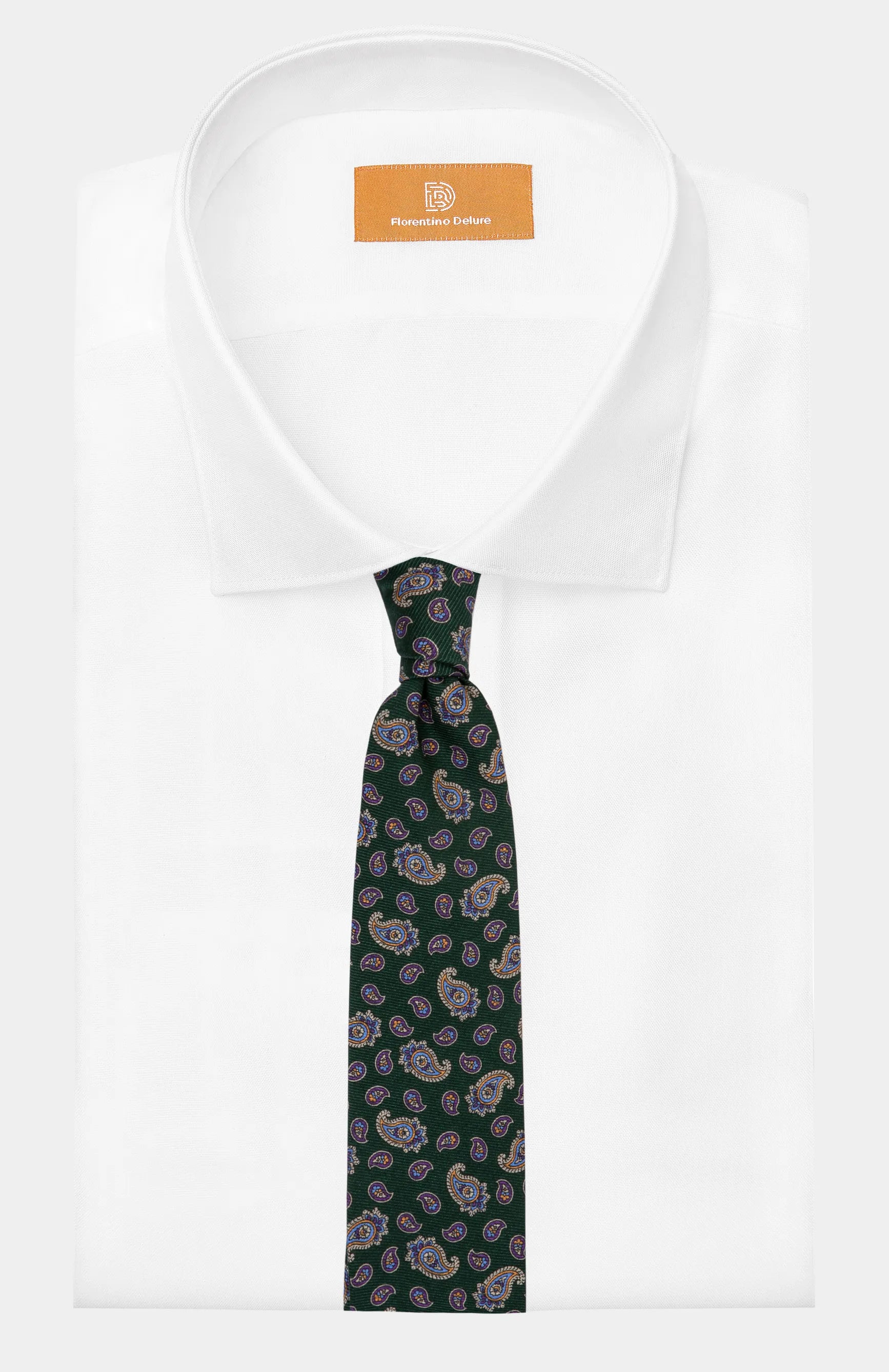 Cravată paisley verde din mătase Florentinodelure, detaliu textură elegantă.