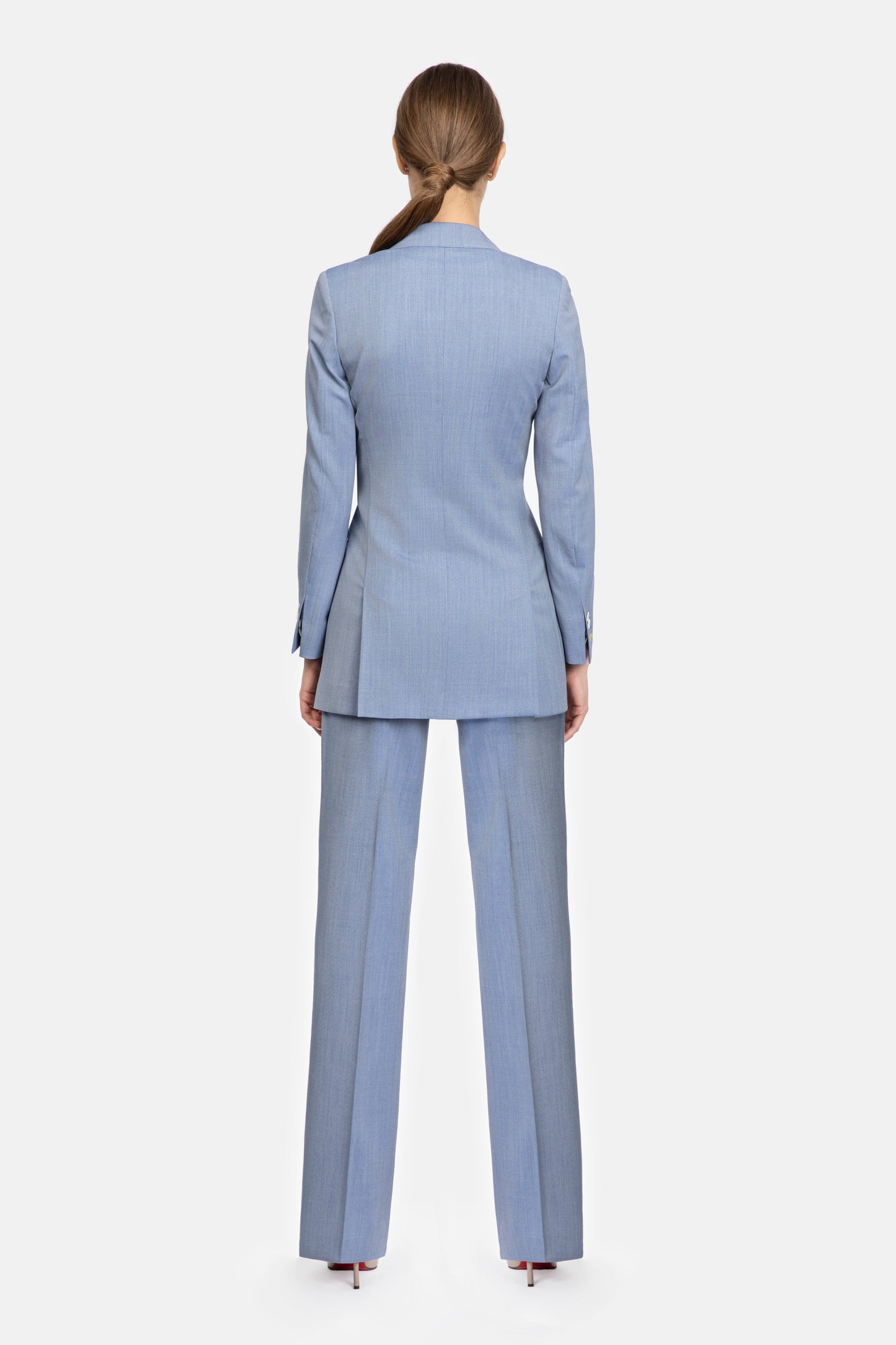 Costum albastru deschis canvas Florentinodelure, vedere spate, detalii jachetă și pantaloni.