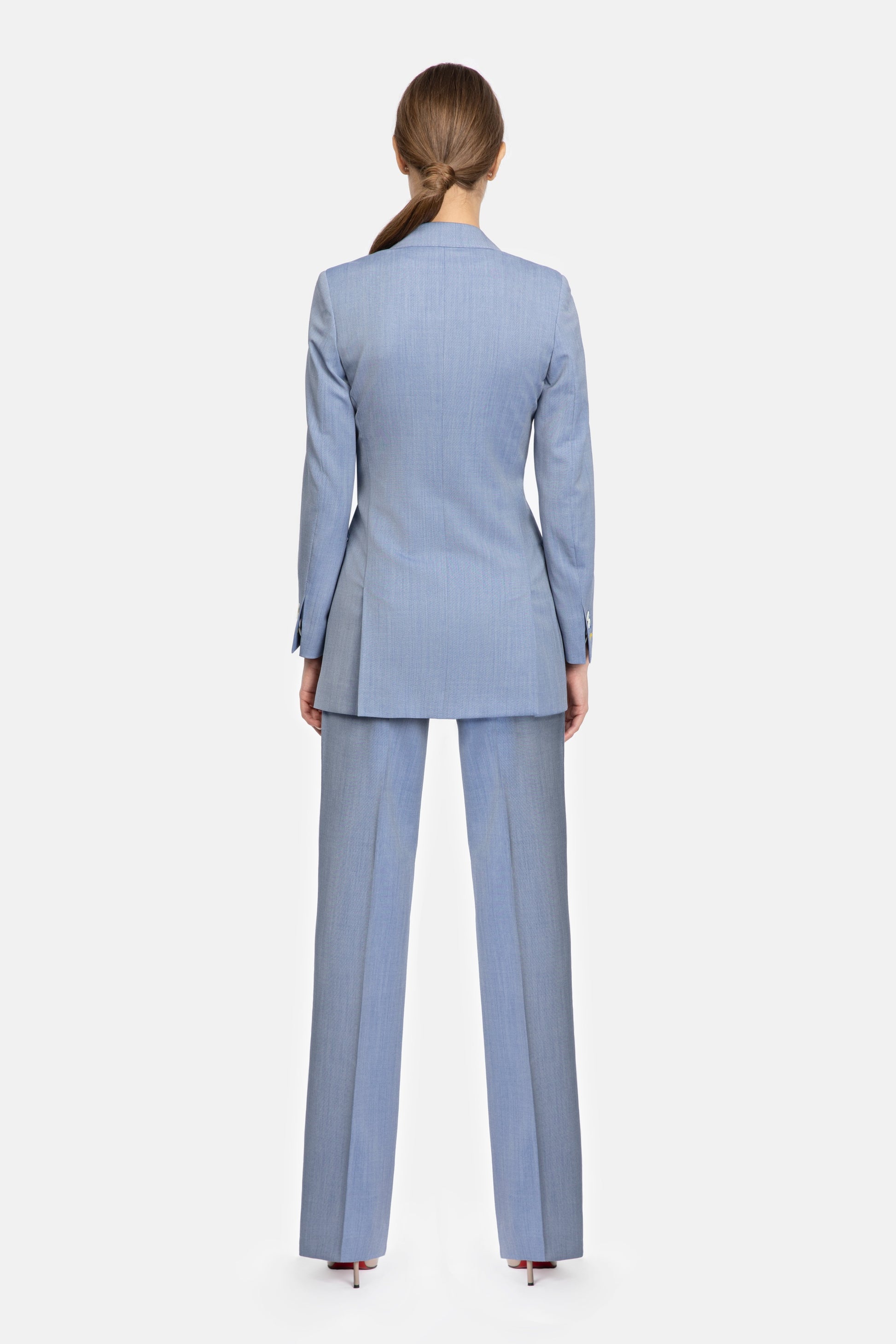 Costum albastru deschis canvas Florentinodelure, vedere spate, detalii jachetă și pantaloni.