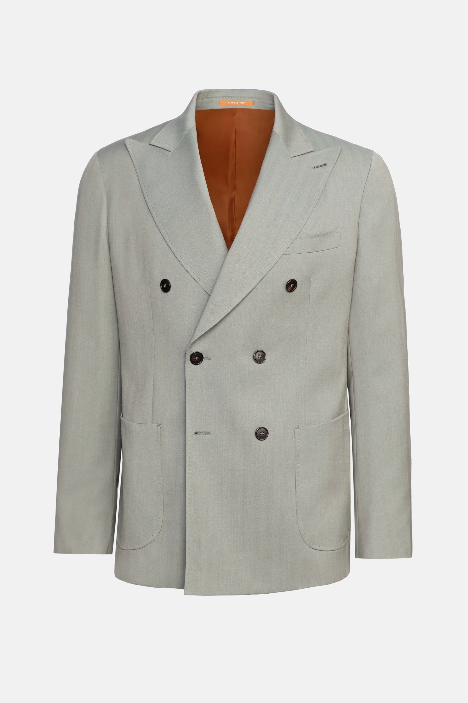 Costum verde deschis Florentino Delure, cu rever ascuțit și căptușeală portocalie.