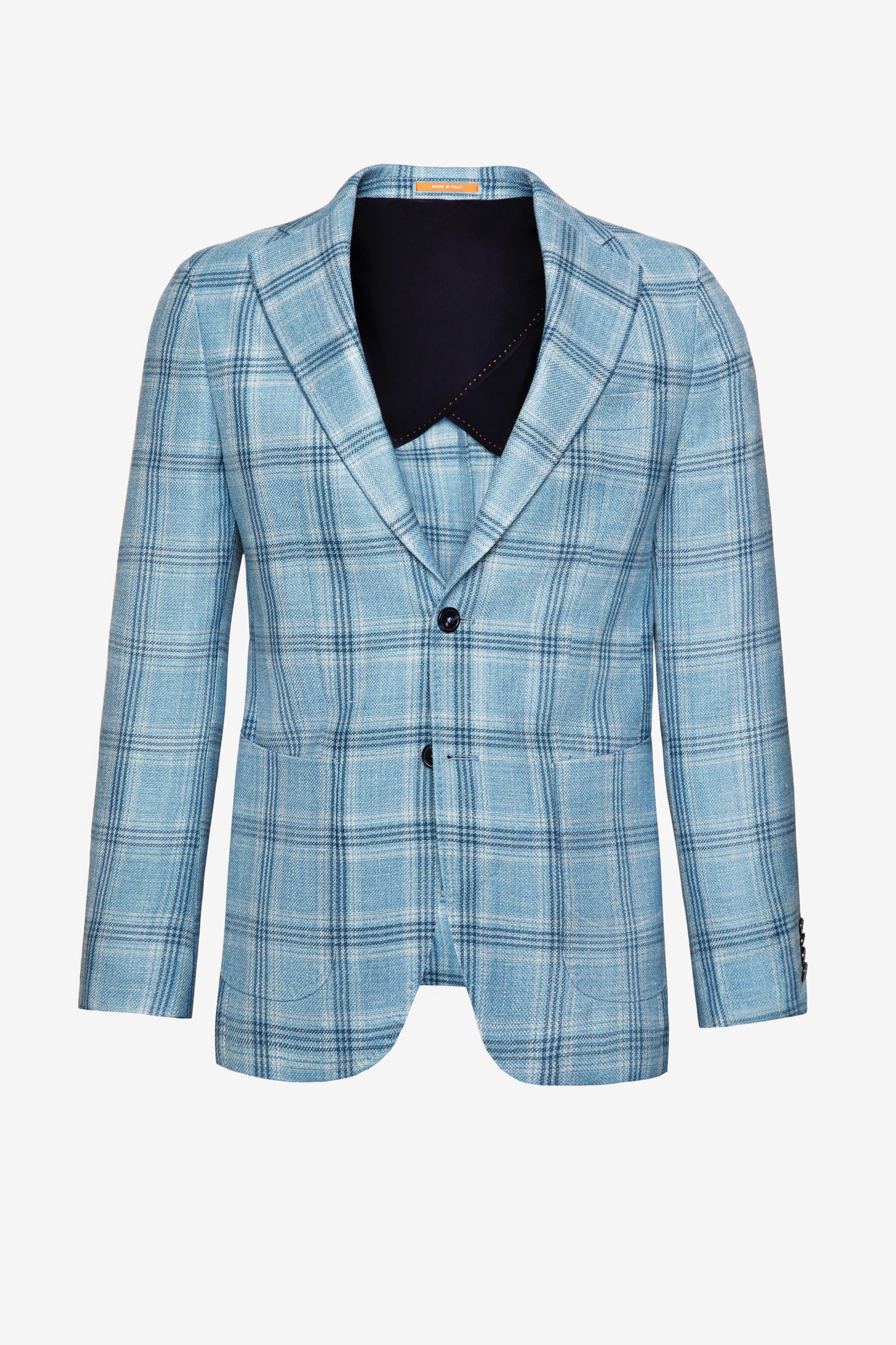 Sacou Florentinodelure Light Blue Checked FLEXO, din lână, mătase și in, cu carouri albastre.