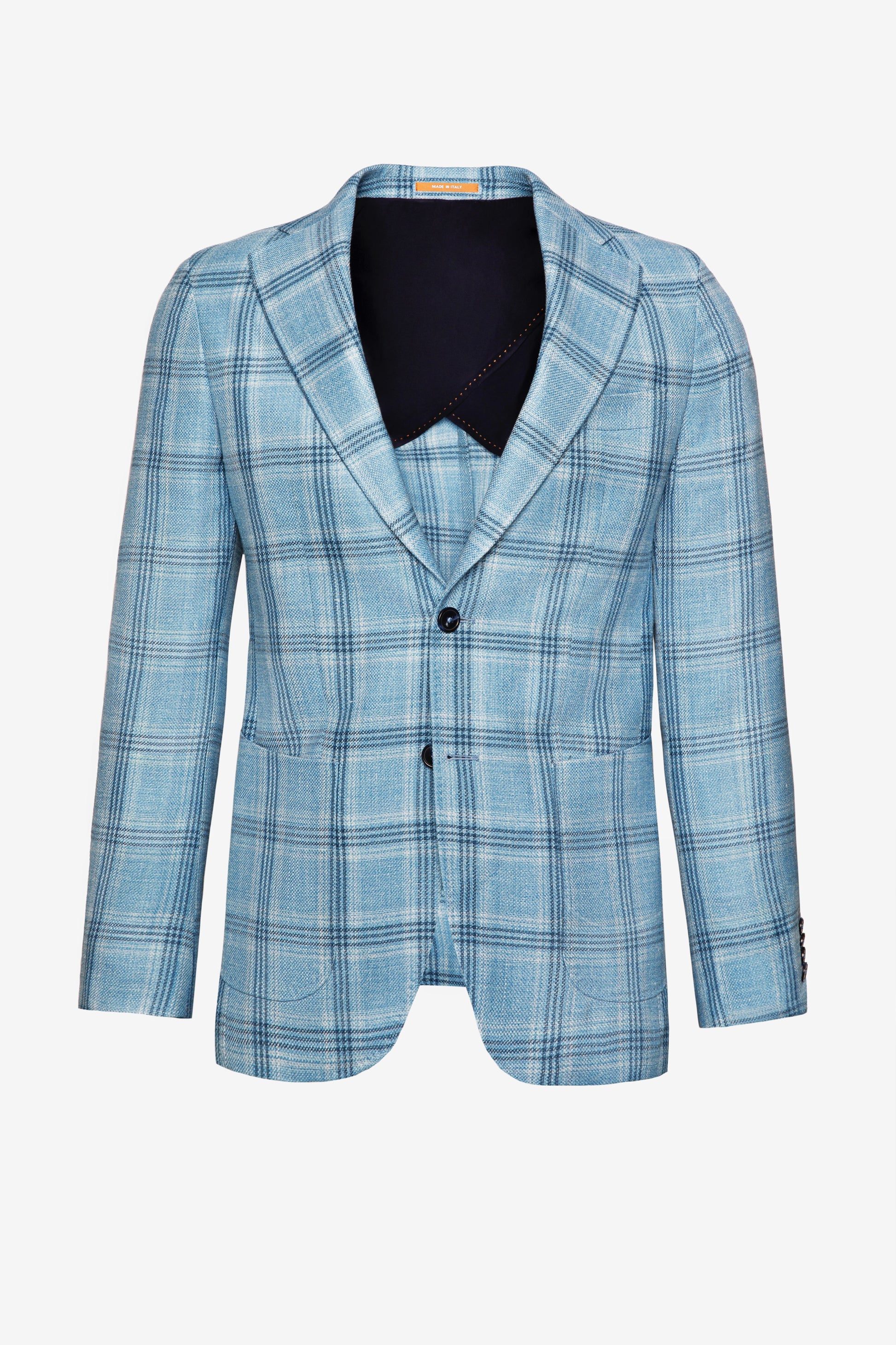 Sacou Florentinodelure Light Blue Checked FLEXO, din lână, mătase și in, cu carouri albastre.