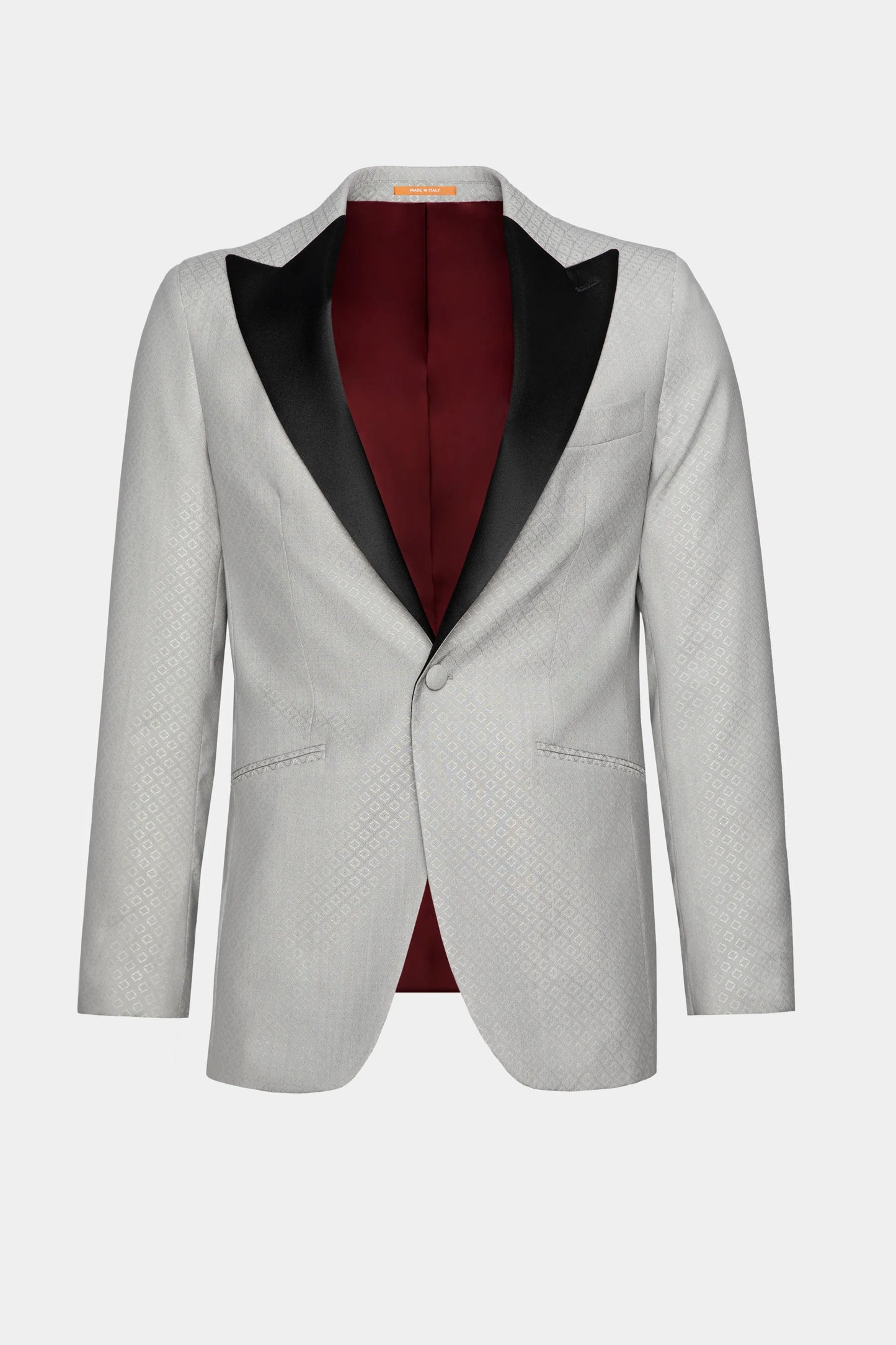 Sacou gri deschis jacquard Dafin Florentinodelure, rever negru, interior vișiniu.