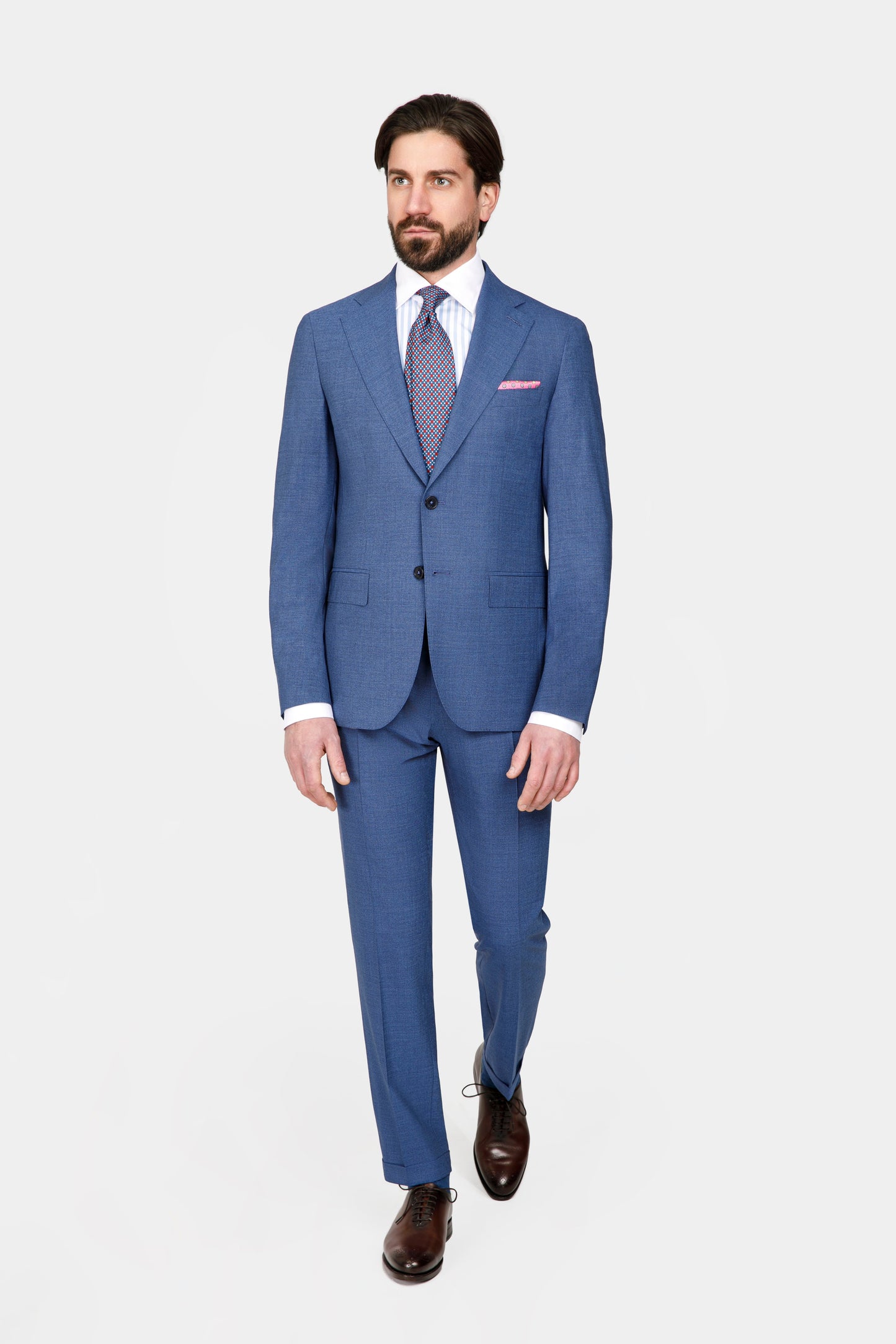 Costum albastru mid Florentinodelure pentru bărbați, vedere laterală, material textil fin.