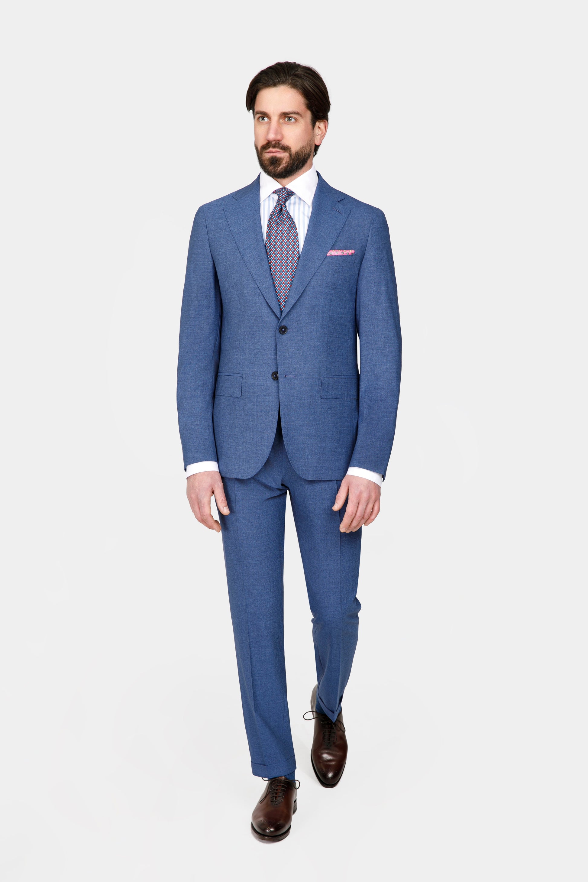 Costum albastru mid Florentinodelure pentru bărbați, vedere laterală, material textil fin.
