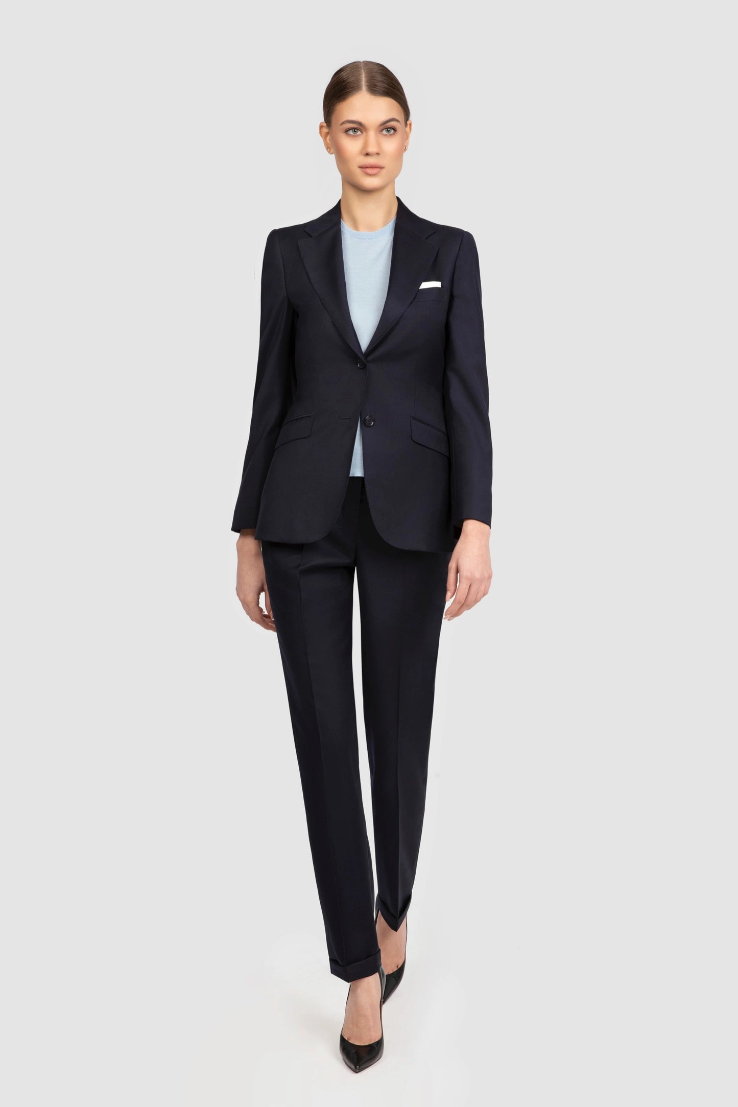 Costum business navy Florentinodelure, sacou și pantaloni eleganți, vedere laterală.