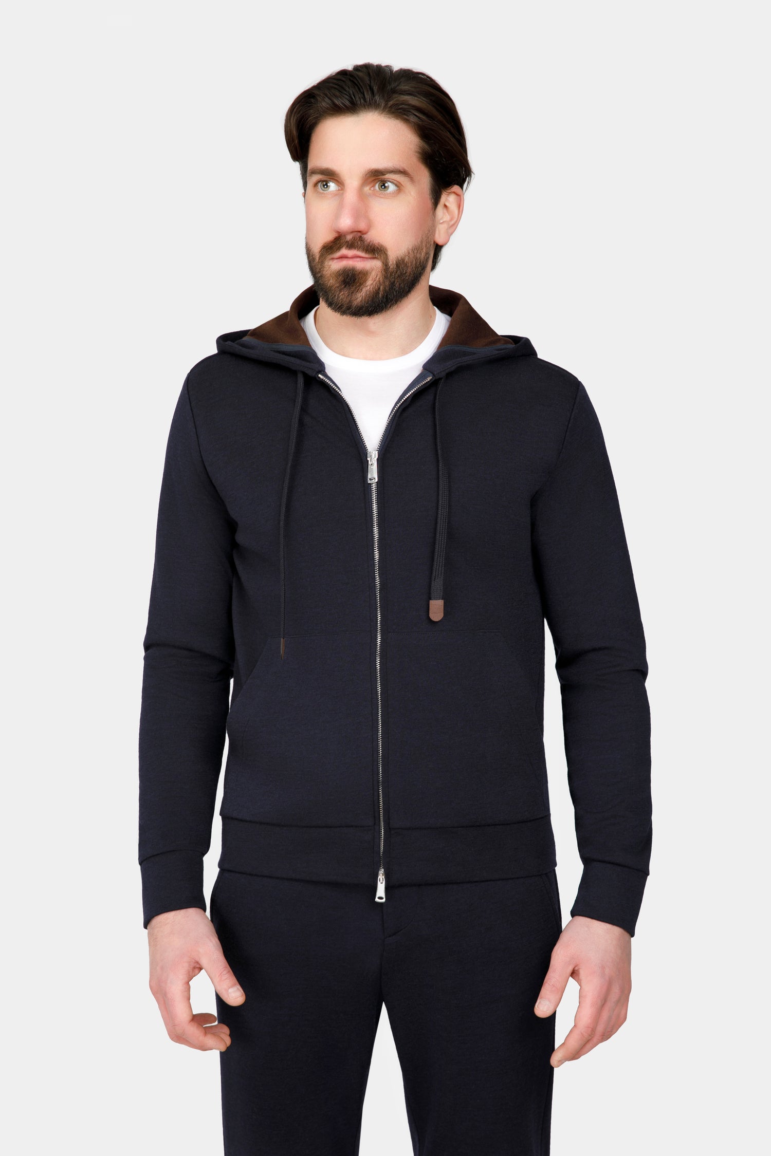 Costum Loungewear Navy Florentinodelure, detalii piele, tricotat, bleumarin.