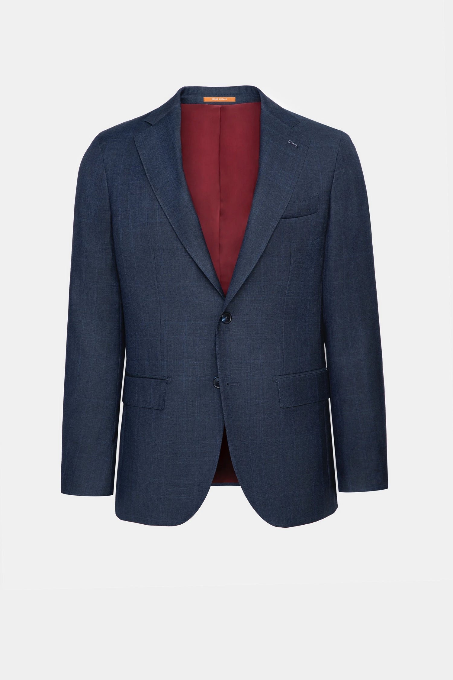 Costum navy EGO Florentinodelure, lână lux, model carouri, rever crestat, căptușeală roșie.