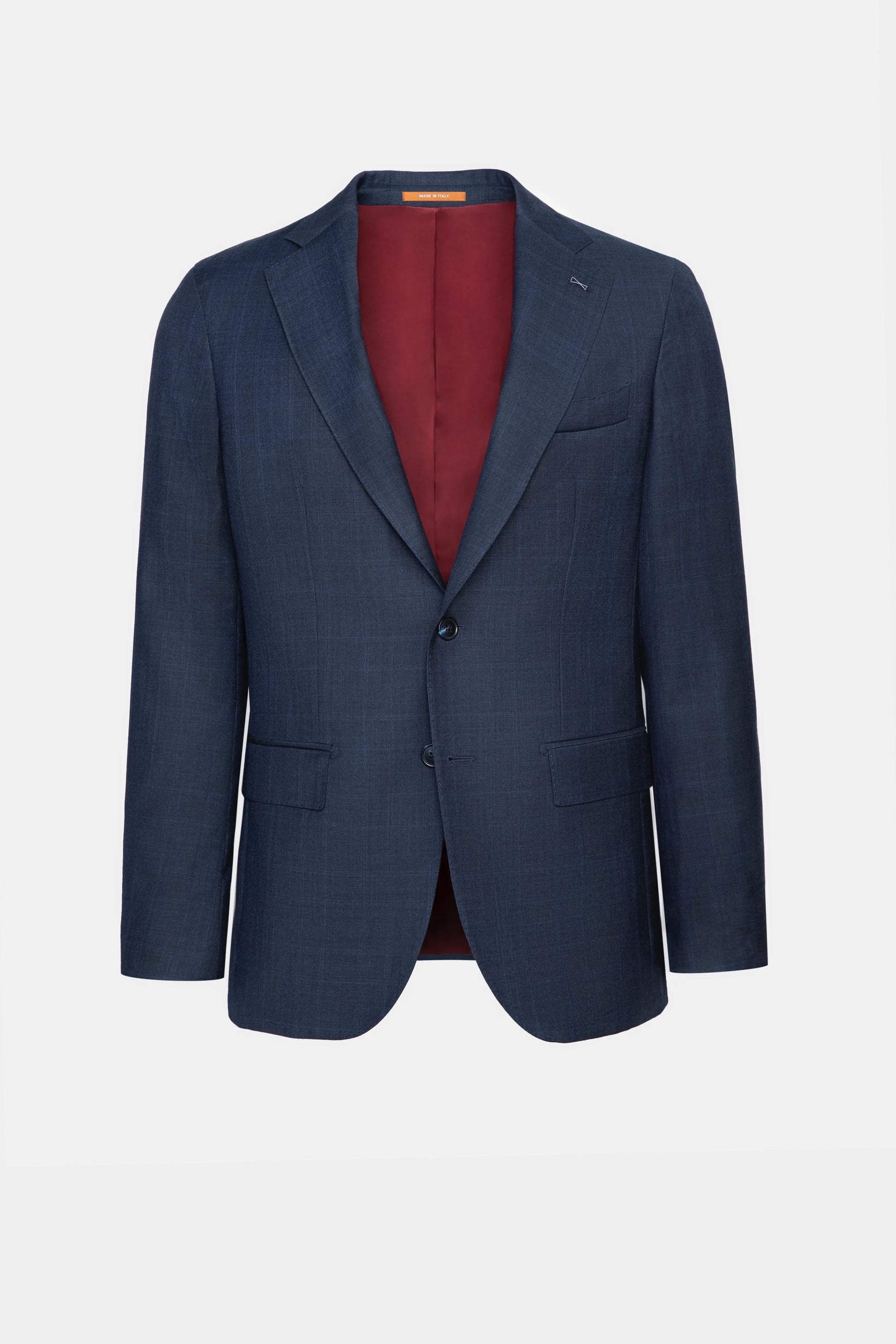 Costum navy EGO Florentinodelure, lână lux, model carouri, rever crestat, căptușeală roșie.