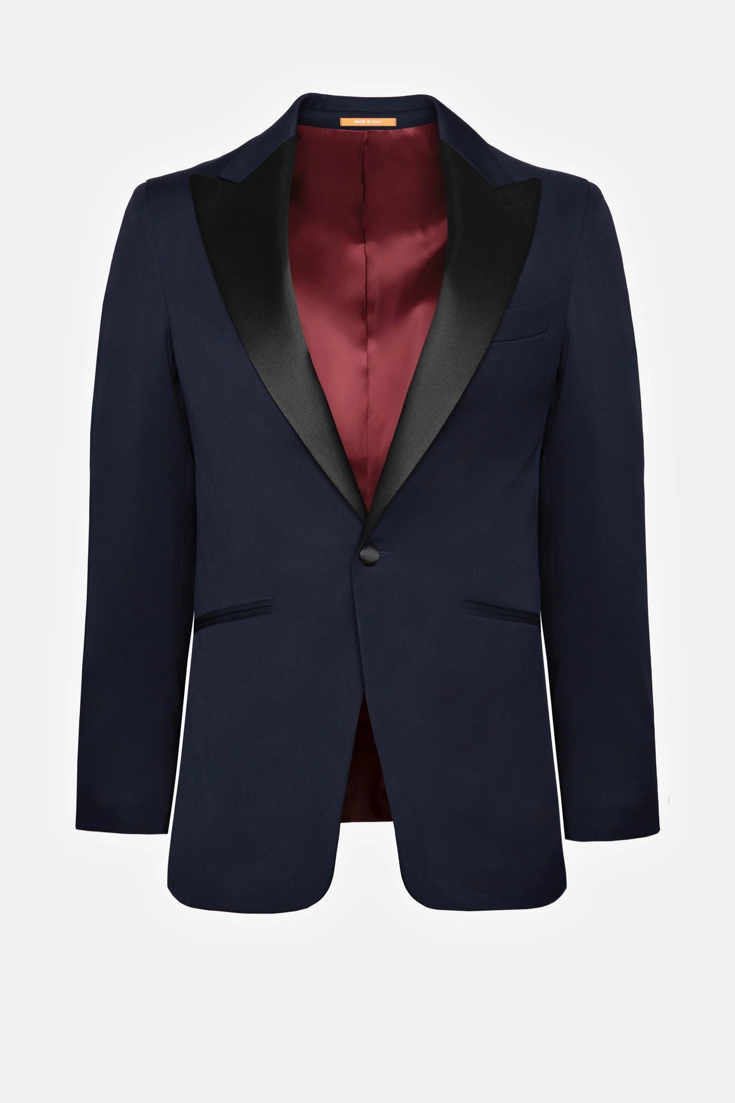 Tuxedo bleumarin DAFIN Florentinodelure, lână, rever din satin negru.