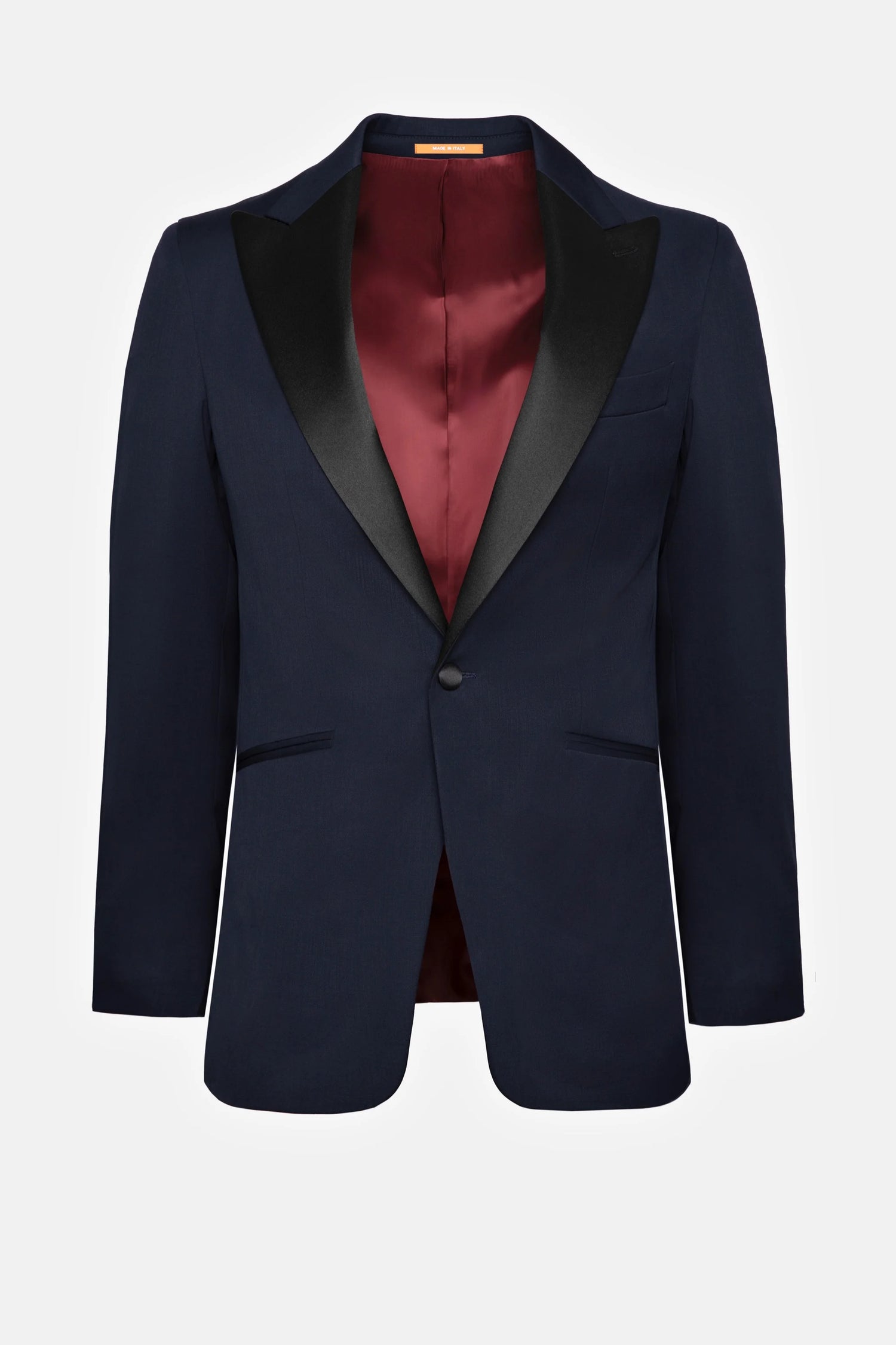 Tuxedo bleumarin DAFIN Florentinodelure, lână, rever din satin negru.