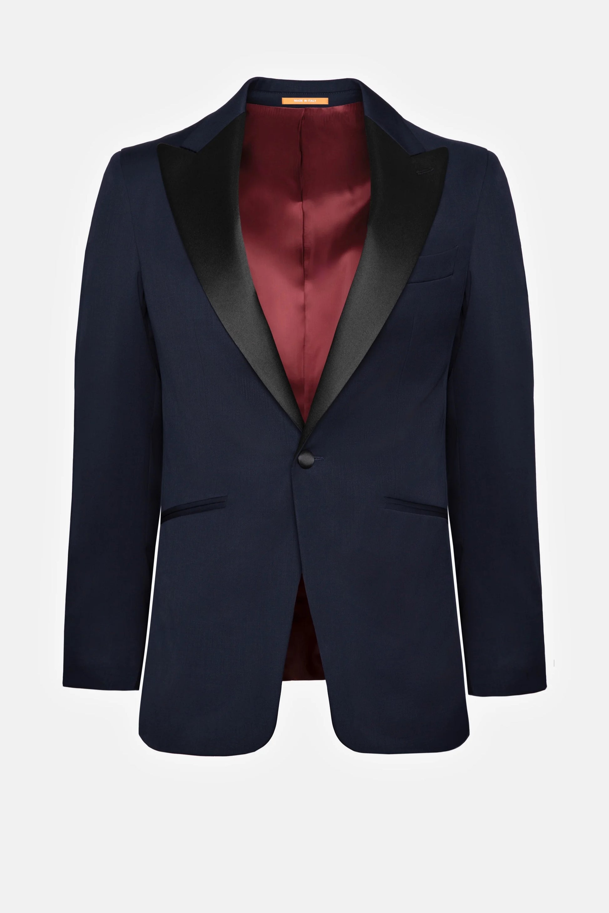 Tuxedo bleumarin DAFIN Florentinodelure, lână, rever din satin negru.