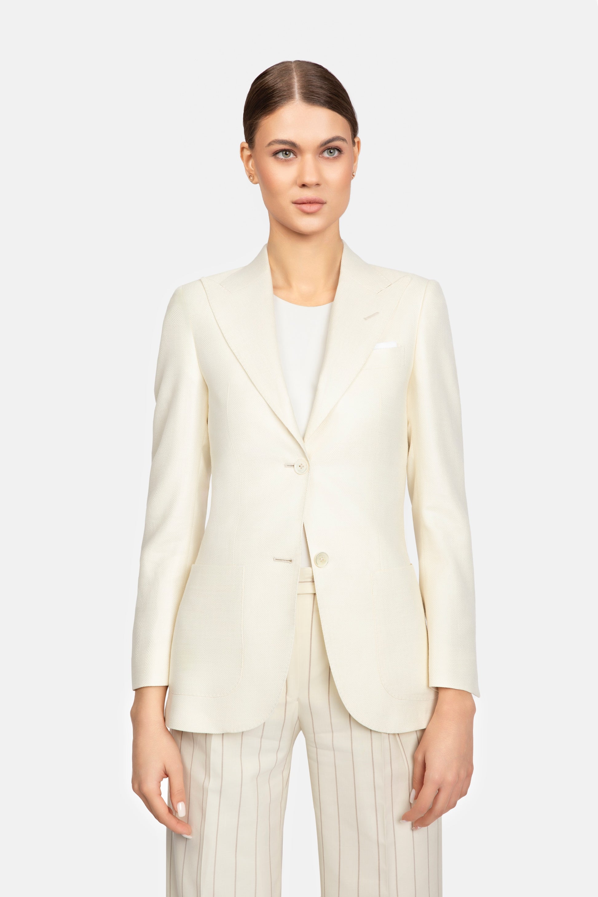 Sacou Vega Herringbone off-white cu rever lat Florentinodelure din canvas, culori crem.