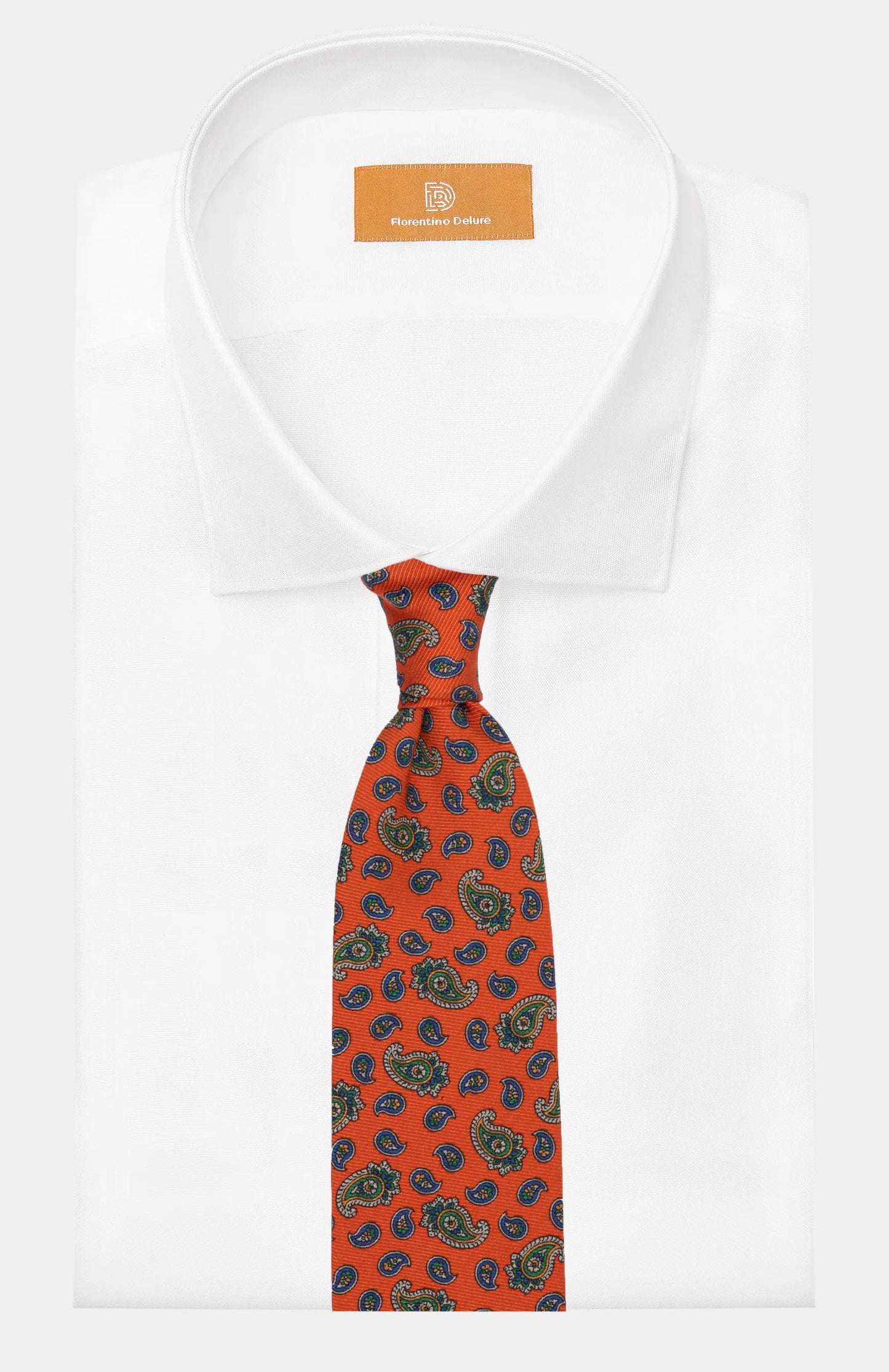 Cravată Paisley orange din mătase, detaliu textură și model, Florentinodelure.