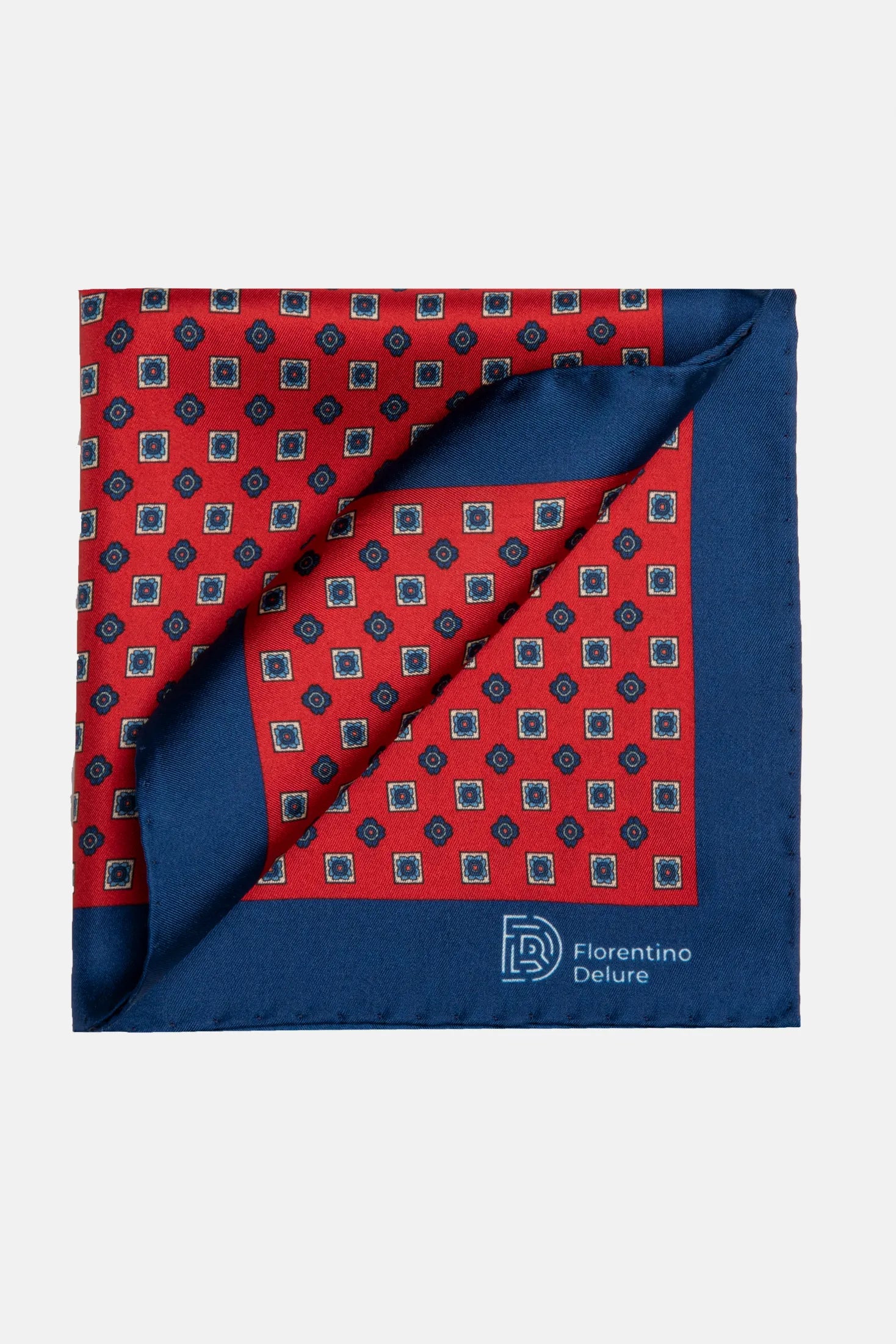 Batistă de buzunar Florentinodelure, roșu cu margine albastră și model geometric.