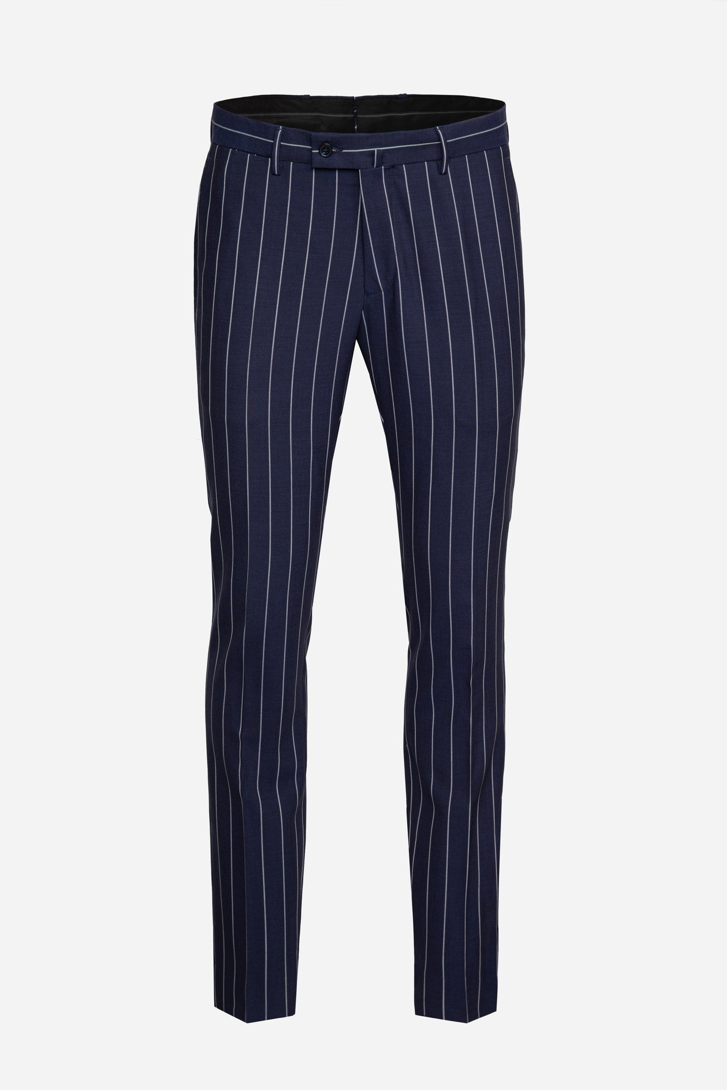 Pantaloni Florentinodelure navy cu dungi verticale EGO, vedere laterală.