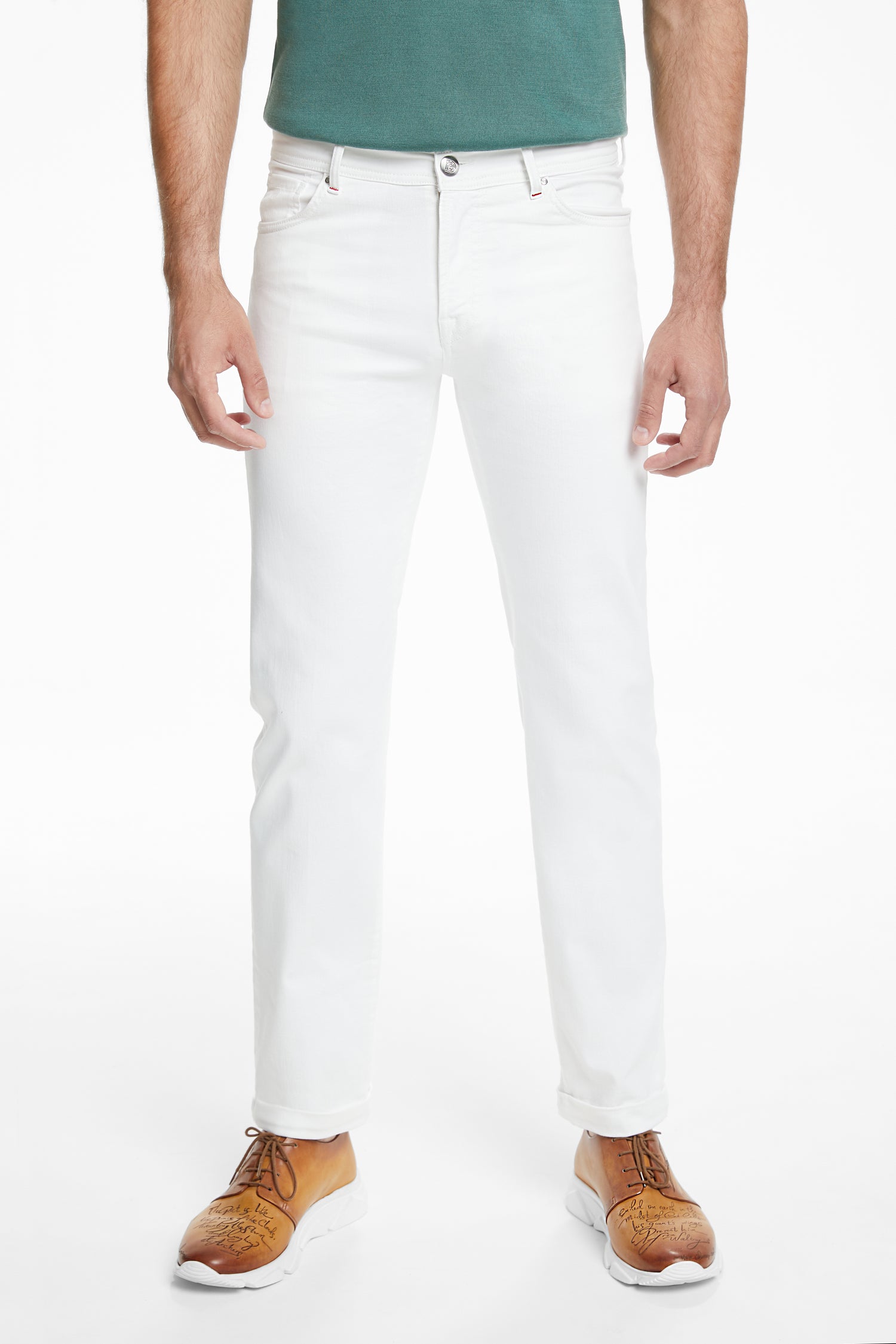Pantaloni albi 5-pockets Florentinodelure din denim elastic cu talie medie și nasture la betelie.
